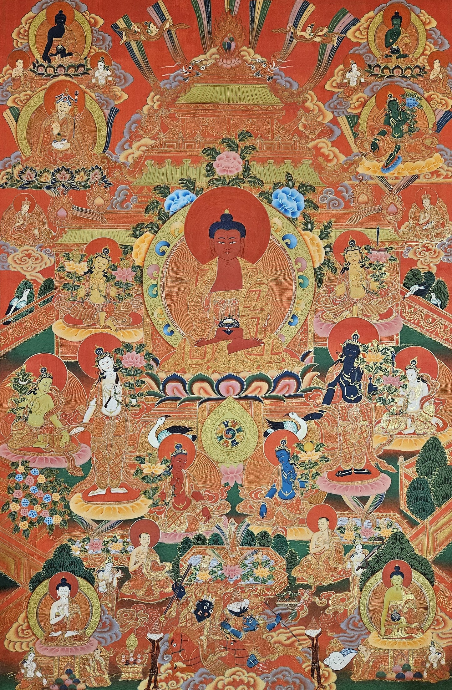 317. Amitabha Dewachen (Pure Land of Sukhavati) Thangka (Thanka). Free Brocade / Free Shipping.