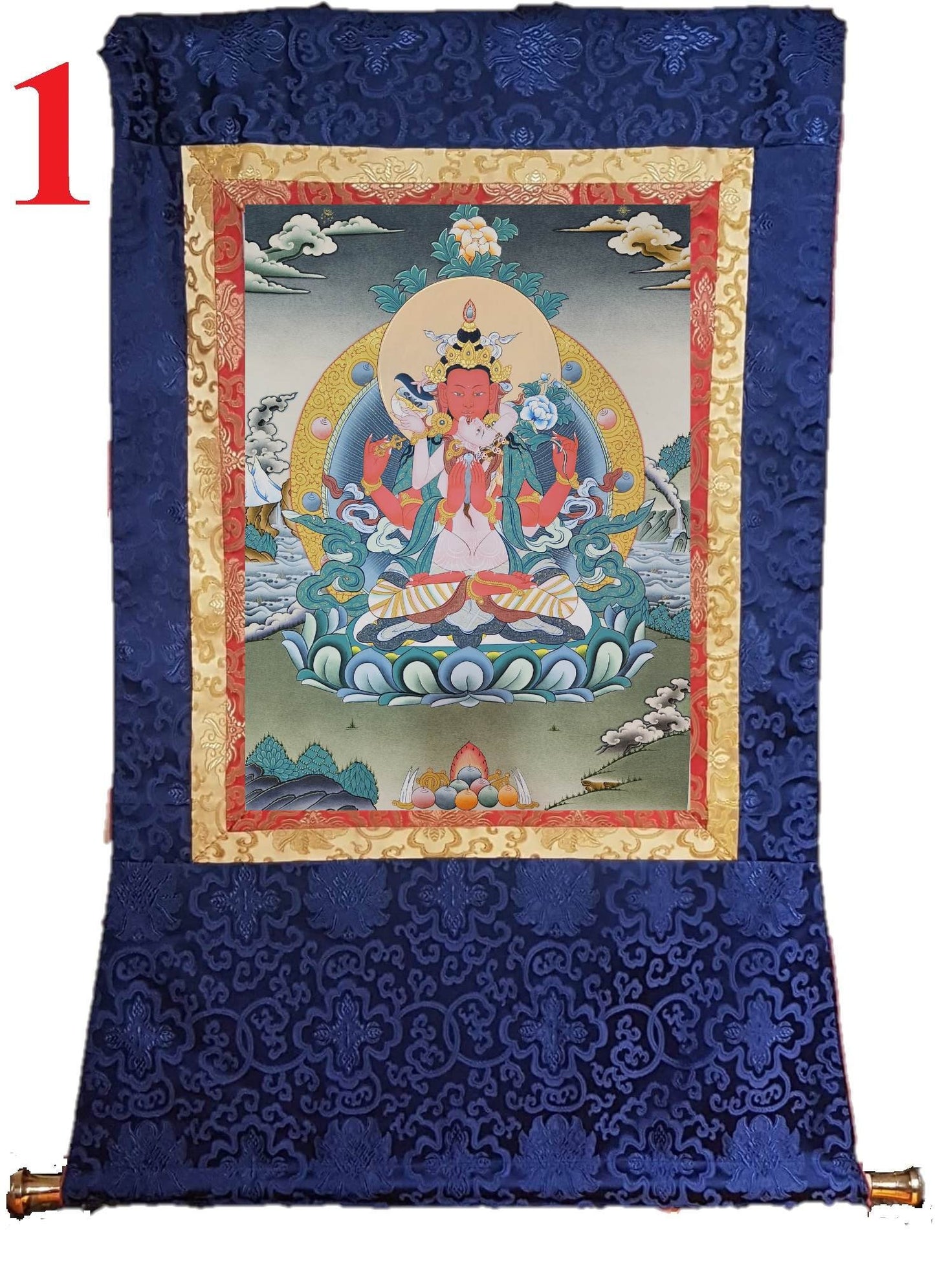 294. Gyalwa Gyatso (Red Chenrezig - Consort) Thangka (Thanka). Free Brocade / Free Shipping.