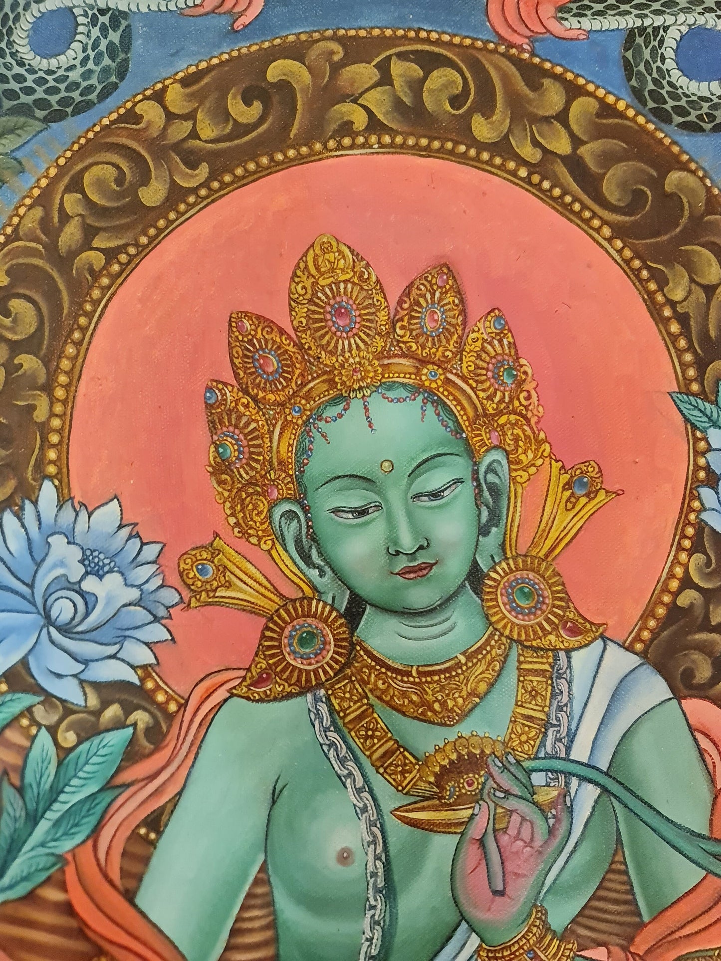 Newari Green Tara Thangka (Thanka) Newari Oil Painting Paubha in Canvas. Signed by the Artist. Free Shipping.