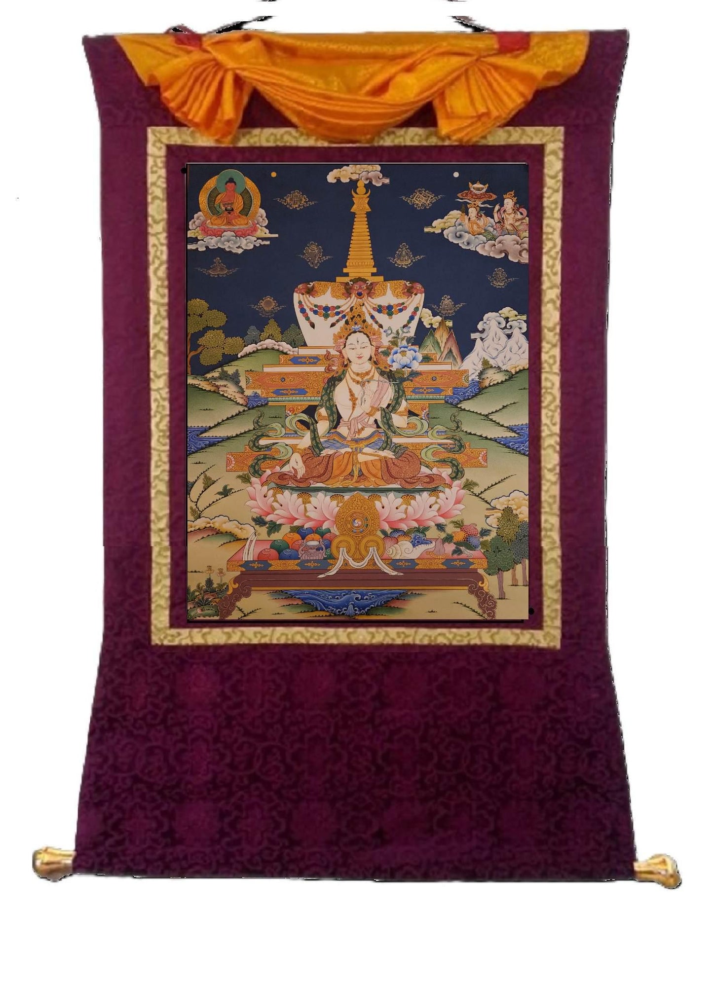 377. White Tara Stupa Thangka (Thanka). Free Brocade / Free Shipping.