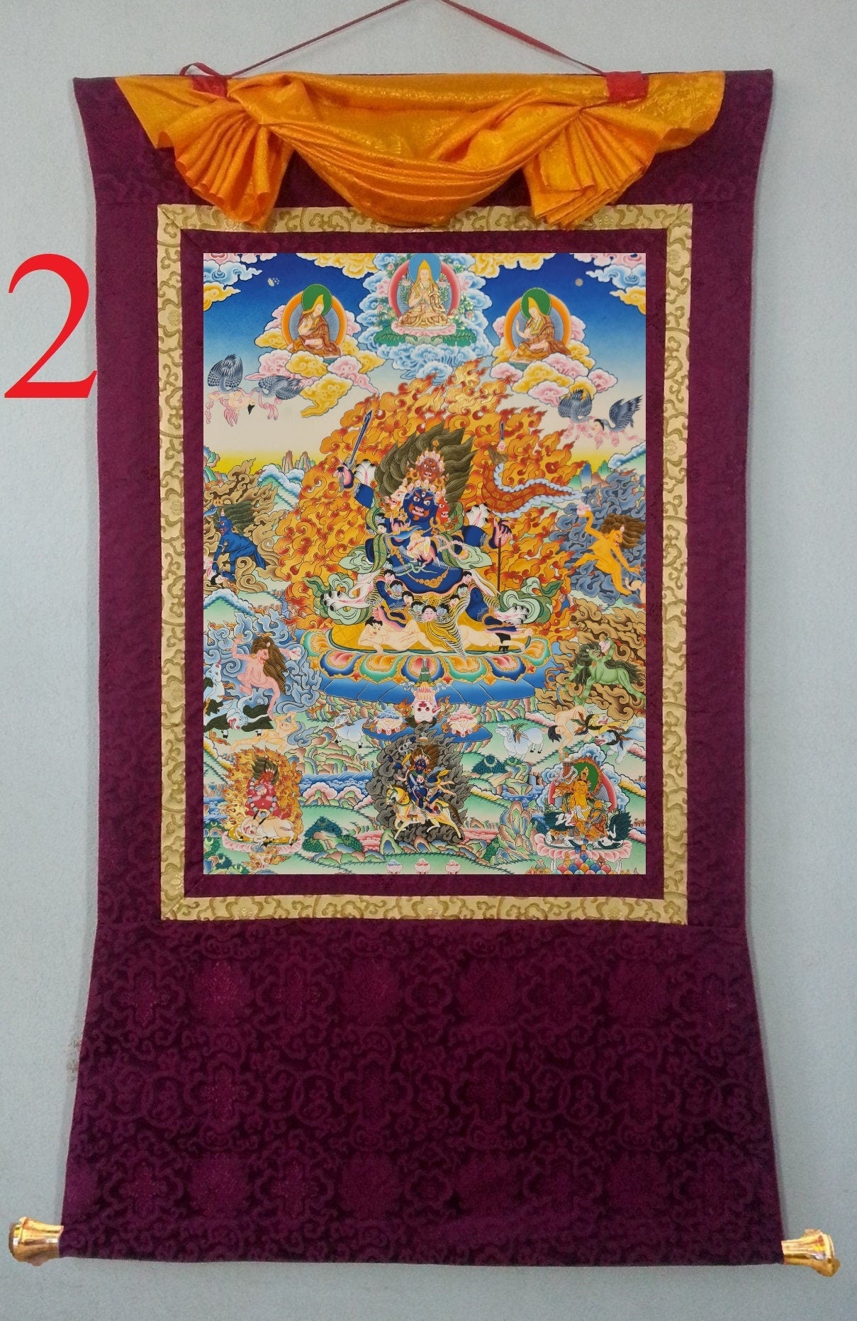 282. Gelug (Gelupa) Four Faced Mahakala (Great Black One) Thanka (Thangka). Free Brocade / Free Shipping.