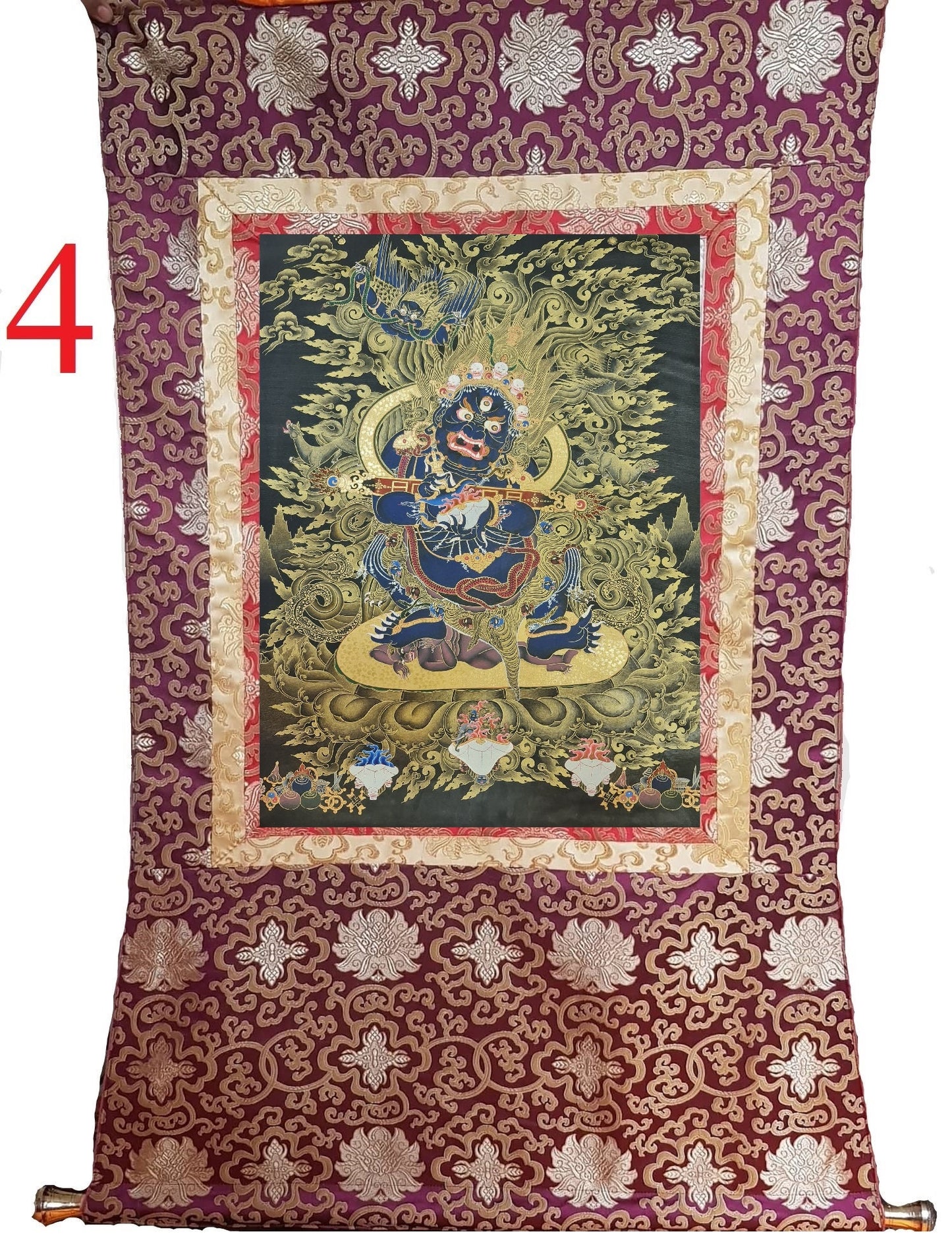 238. Panjarnata Chaturbhuja Shakya Legden Mahakala Thangka (Thanka). Free Brocade / Free Shipping.