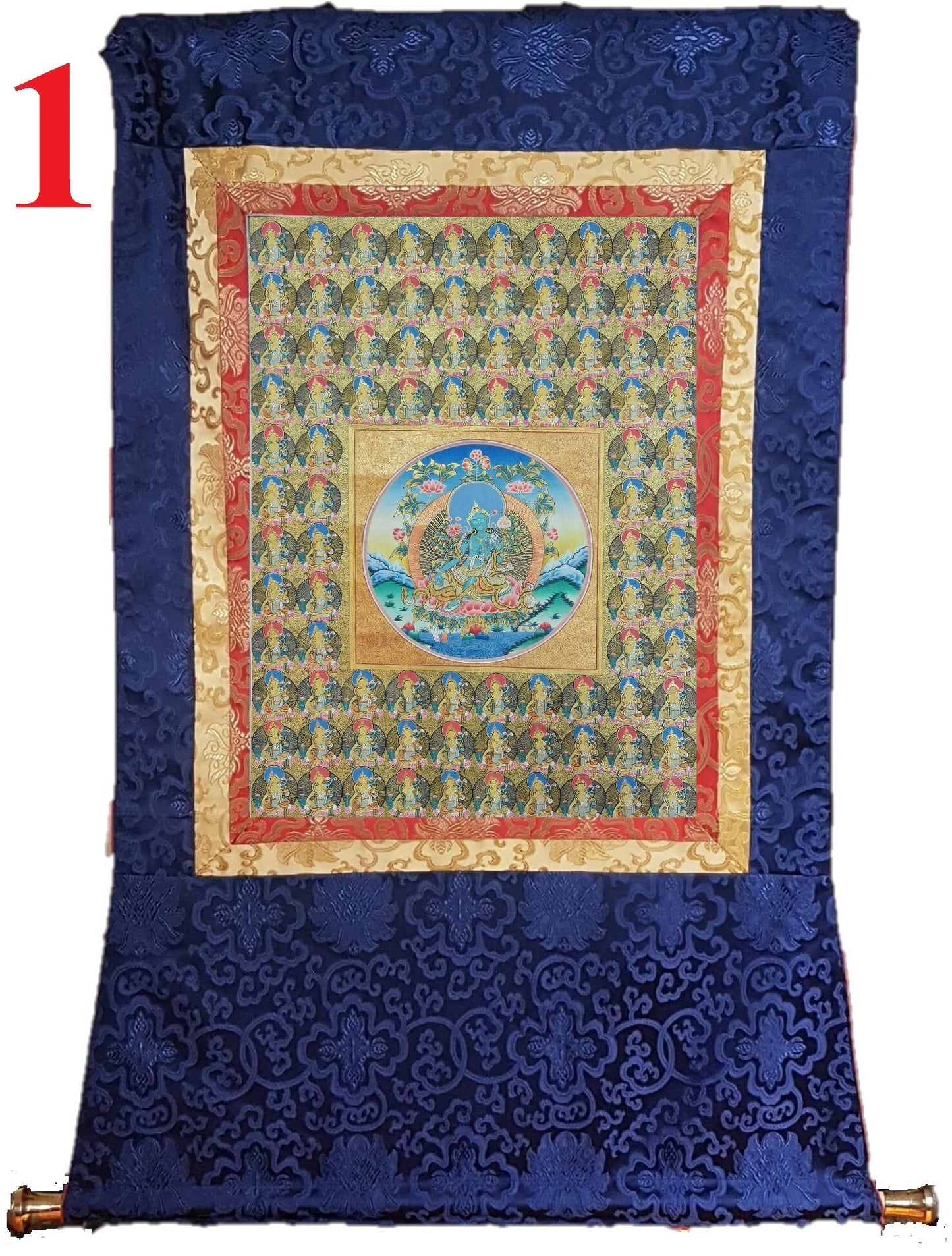 221. 108 Gold Green Tara Thangka (Thanka). Free Brocade / Free Shipping.