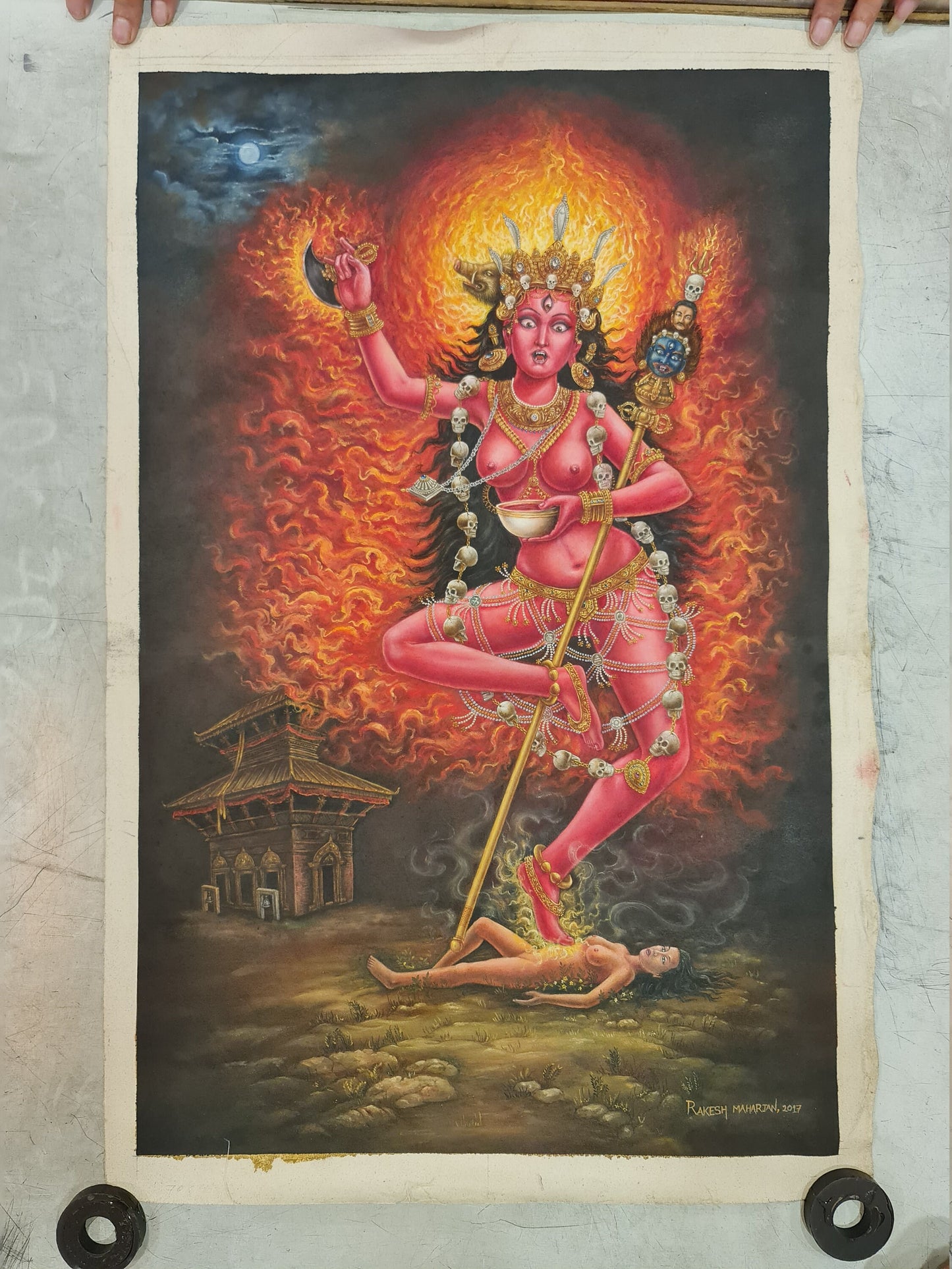 Vajravarahi Samding Dorje Phagmo(Phamo) Oil Newari Painting Paubha in Canvas. Signed by the Artist.