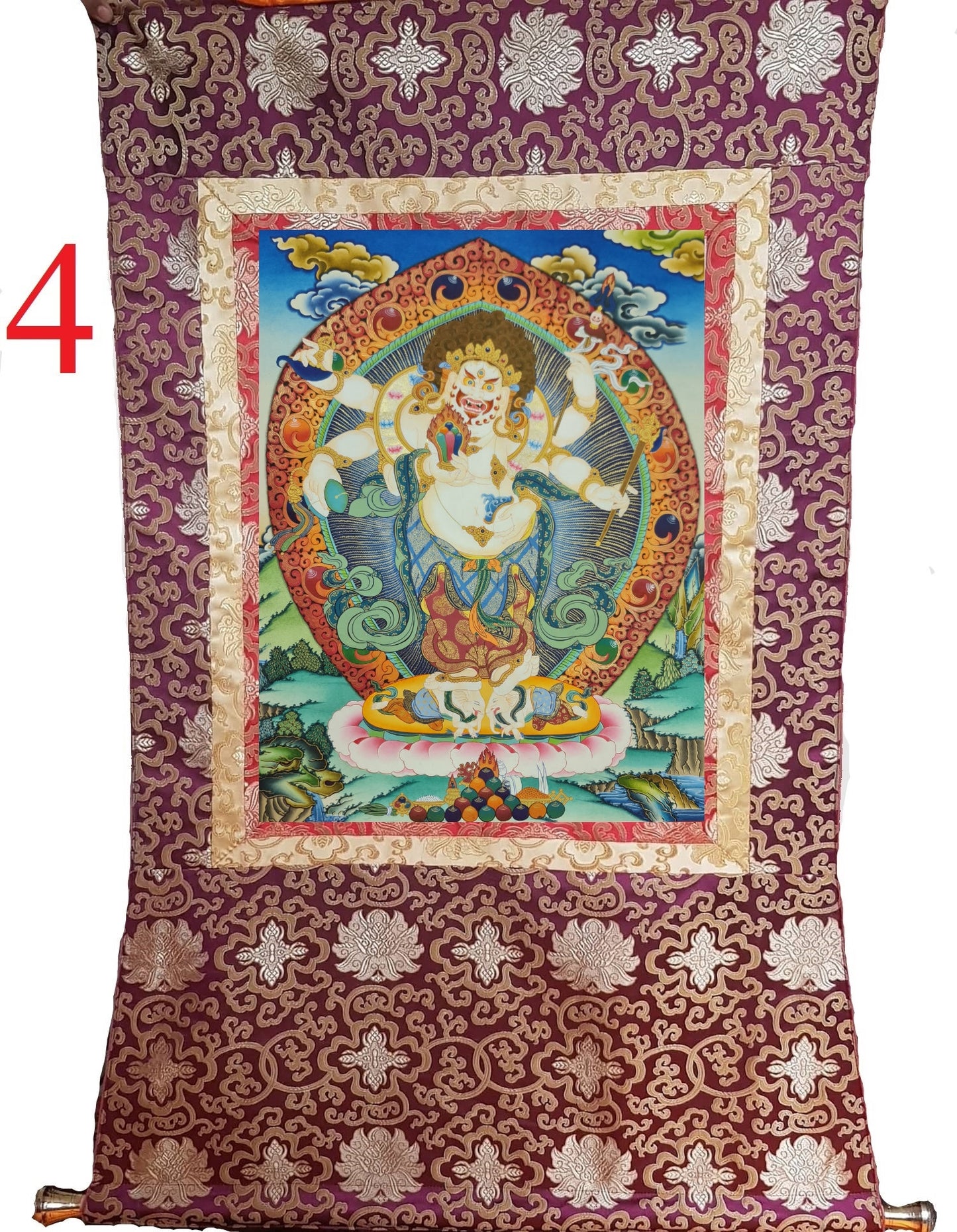 154. White Mahakala Thangka (Thanka). Free Brocade / Free Shipping.
