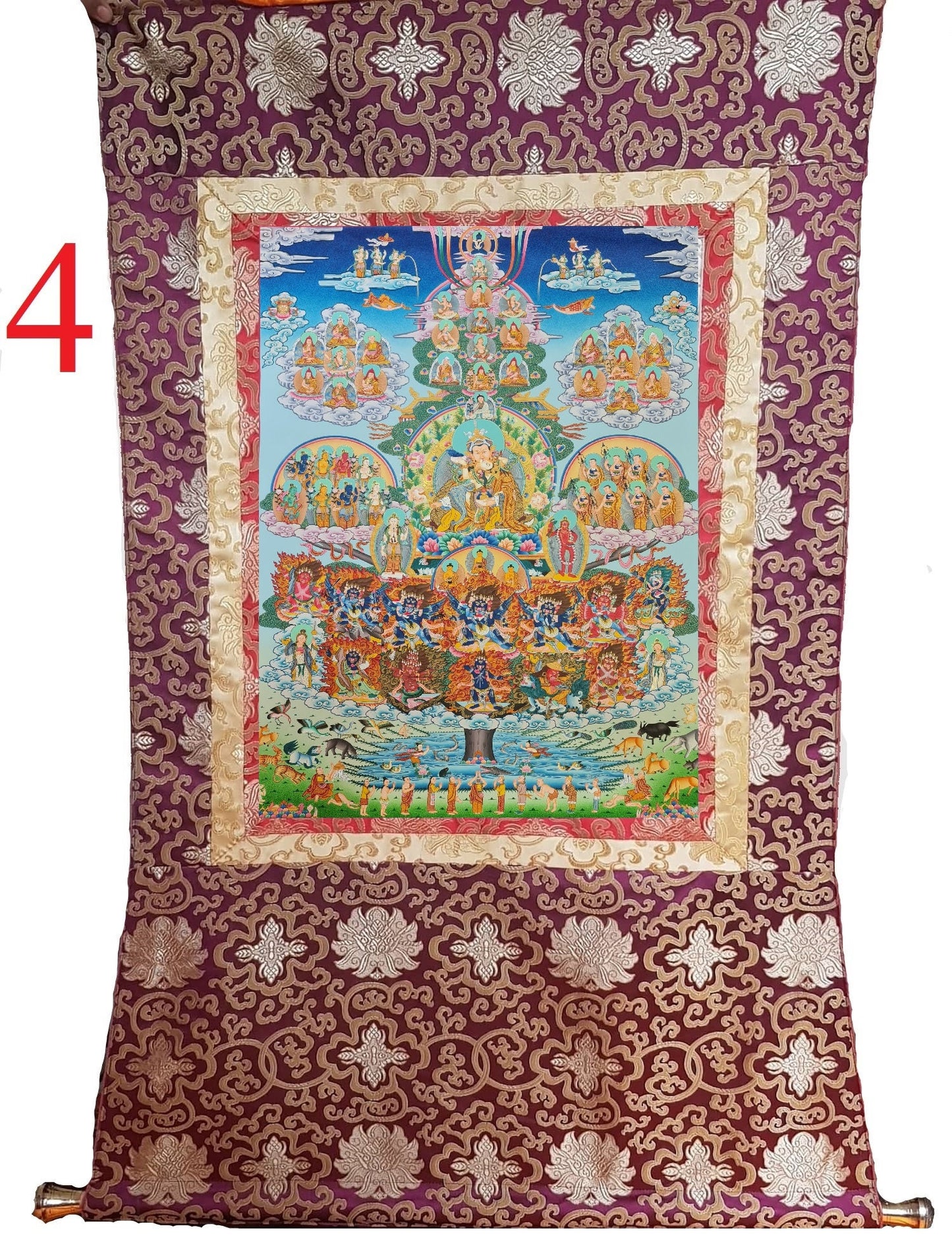 229. Nyingma Lineage Tree Longchen Nyingtik Thangka (Thanka) Painting with 24 K Gold. Free Brocade / Free Shipping.