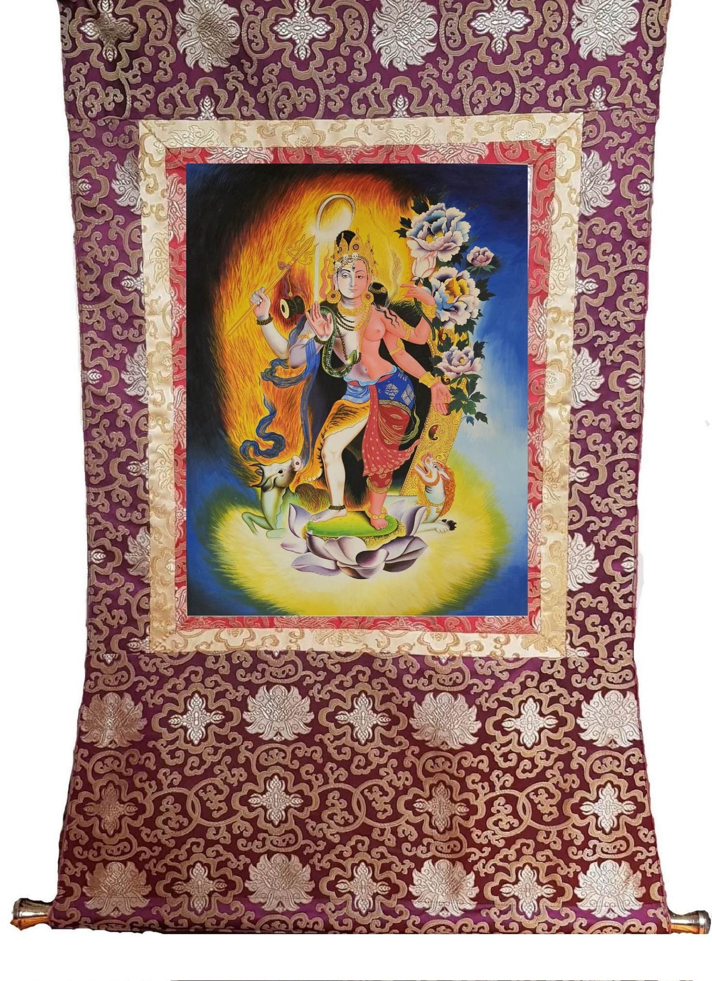 336. Newari Style Shiva and Parvati Ardhanarishvara Thanka (Thangka) Paubha. Free Brocade / Free Shipping.