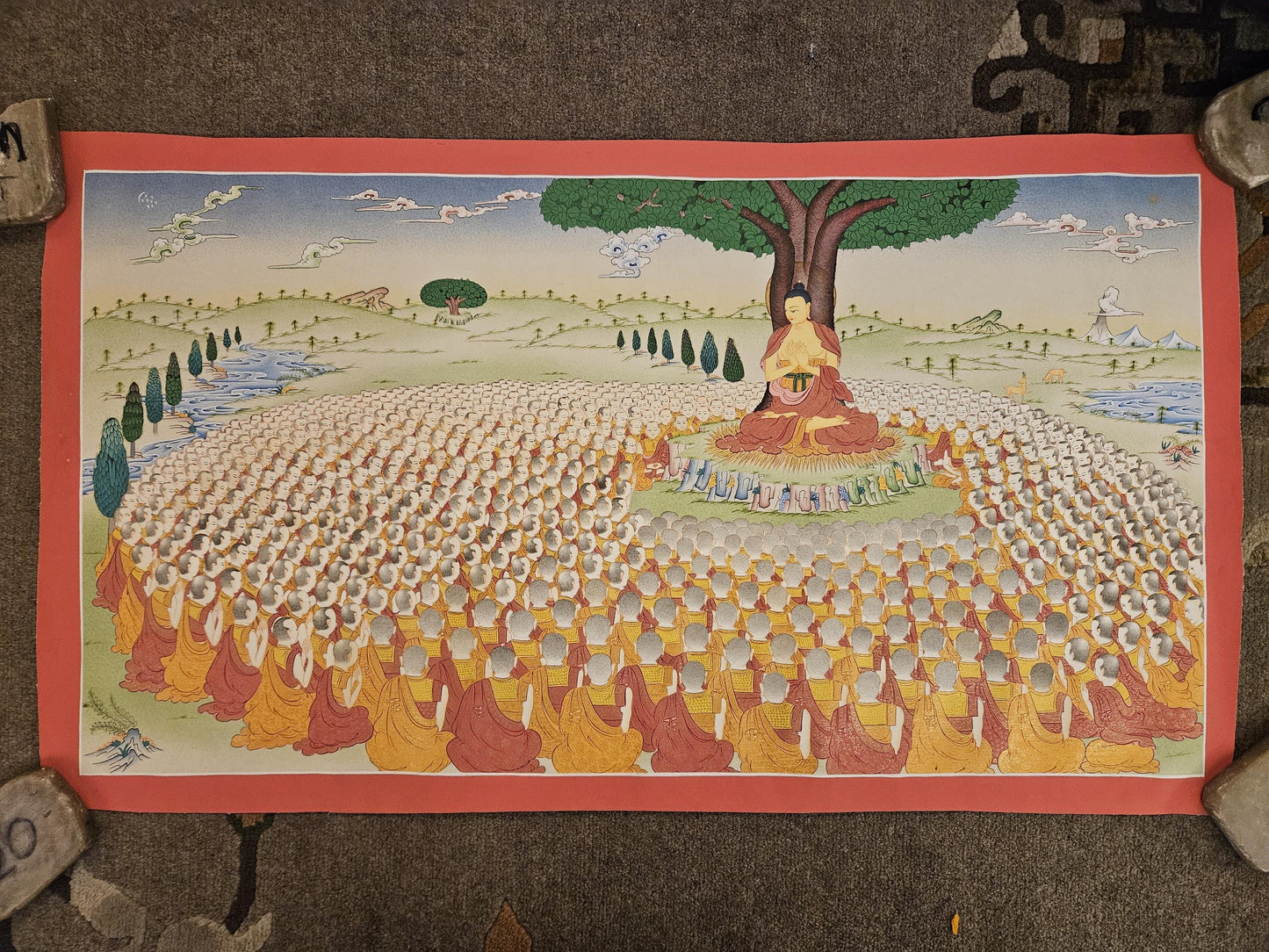 376. Buddha Teaching Thangka under Bodhi Tree (Thanka). Free Shipping.