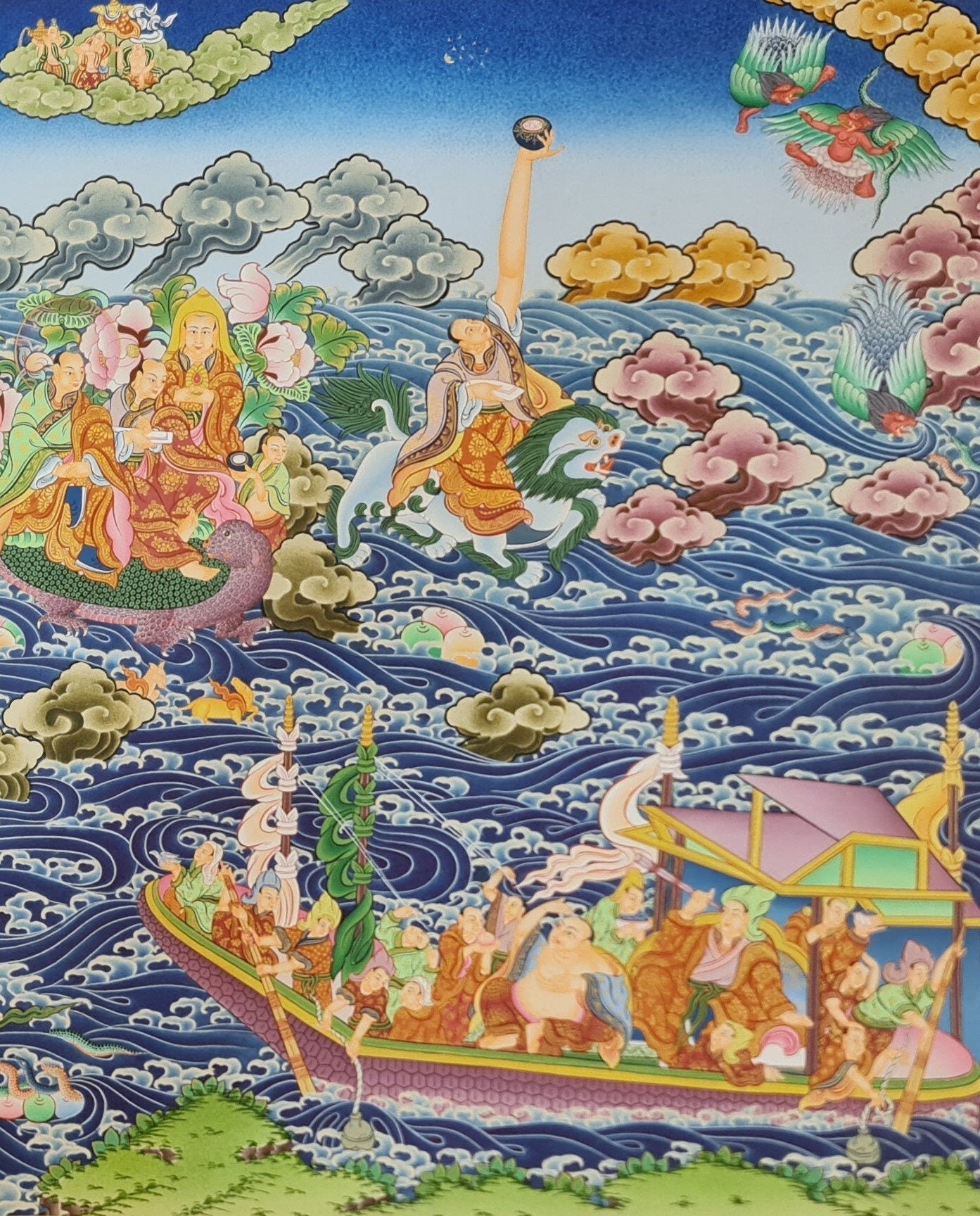 260. 16 Arhats (Arahats) Paani Buddha Water Crossing (Thanka) Thangka. Free Shipping.