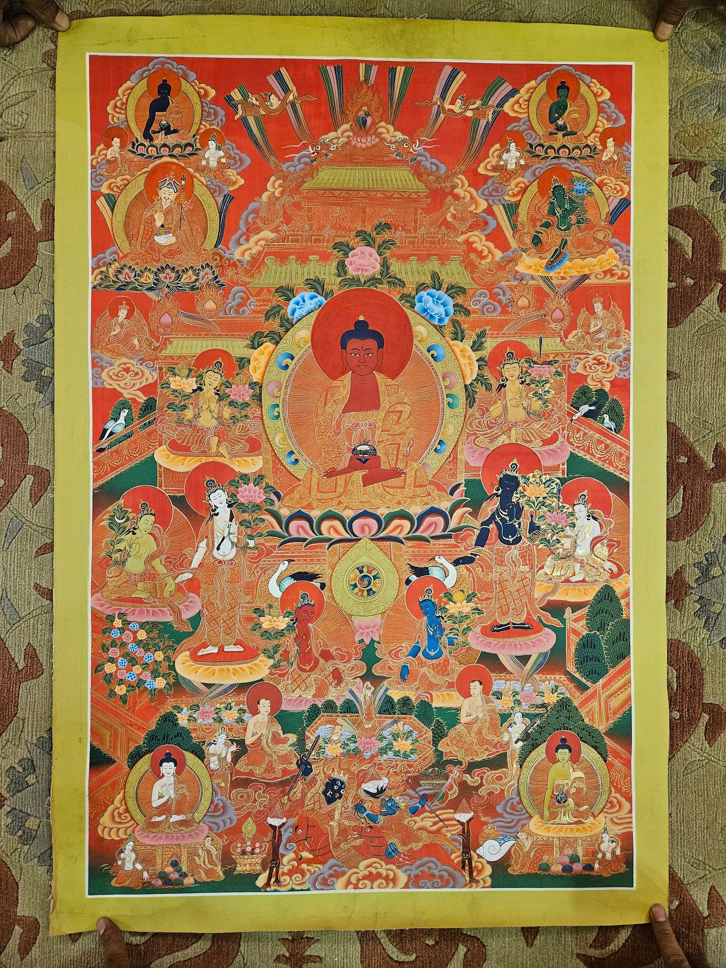 317. Amitabha Dewachen (Pure Land of Sukhavati) Thangka (Thanka). Free Brocade / Free Shipping.