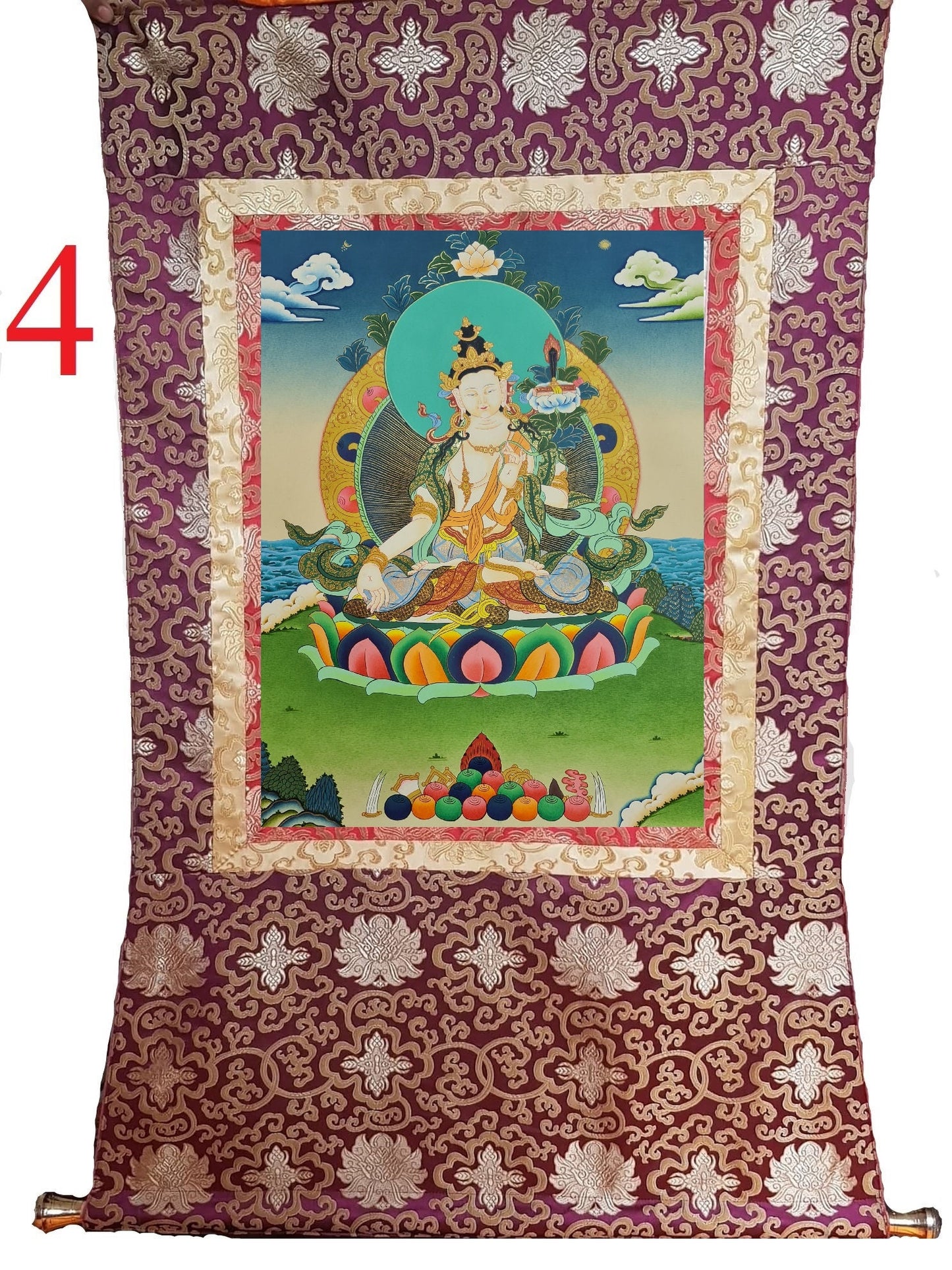 252. White Manjushree (Manjushri) Thangka (Thanka). Free Brocade / Free Shipping.