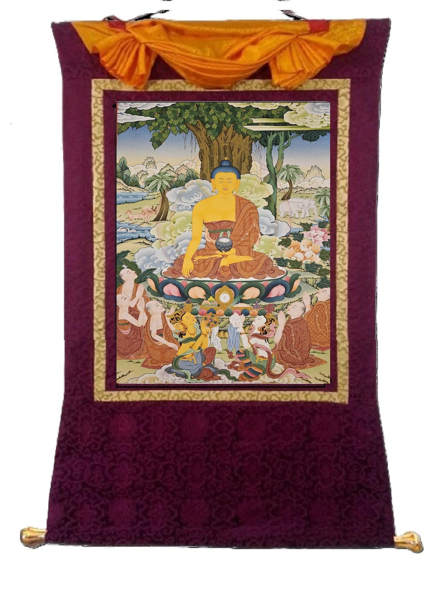 321. Five Monk Teaching with Shakyamuni Buddha (Thangka). Free Brocade / Free Shipping.