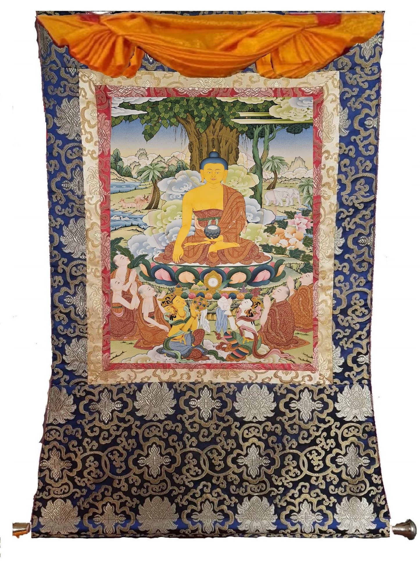 321. Five Monk Teaching with Shakyamuni Buddha (Thangka). Free Brocade / Free Shipping.