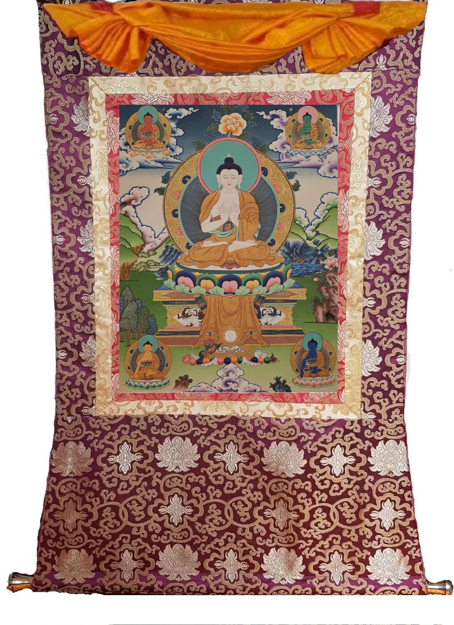 393. Five Pancha Dhyani Buddha Thangka (Thanka). Free Brocade / Free Shipping.