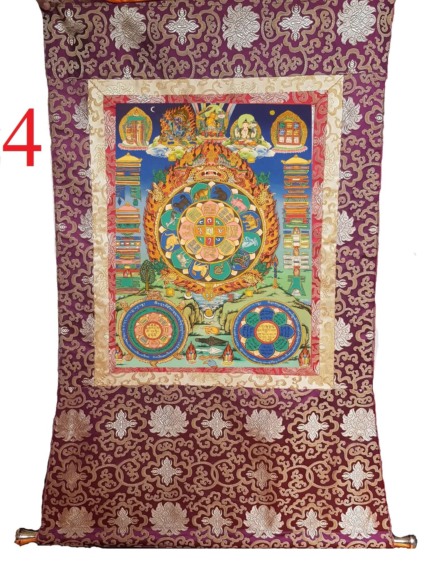 124. Shiva Khorlo Tibetan Calendar Thangka (Thanka). Free Brocade / Free Shipping.