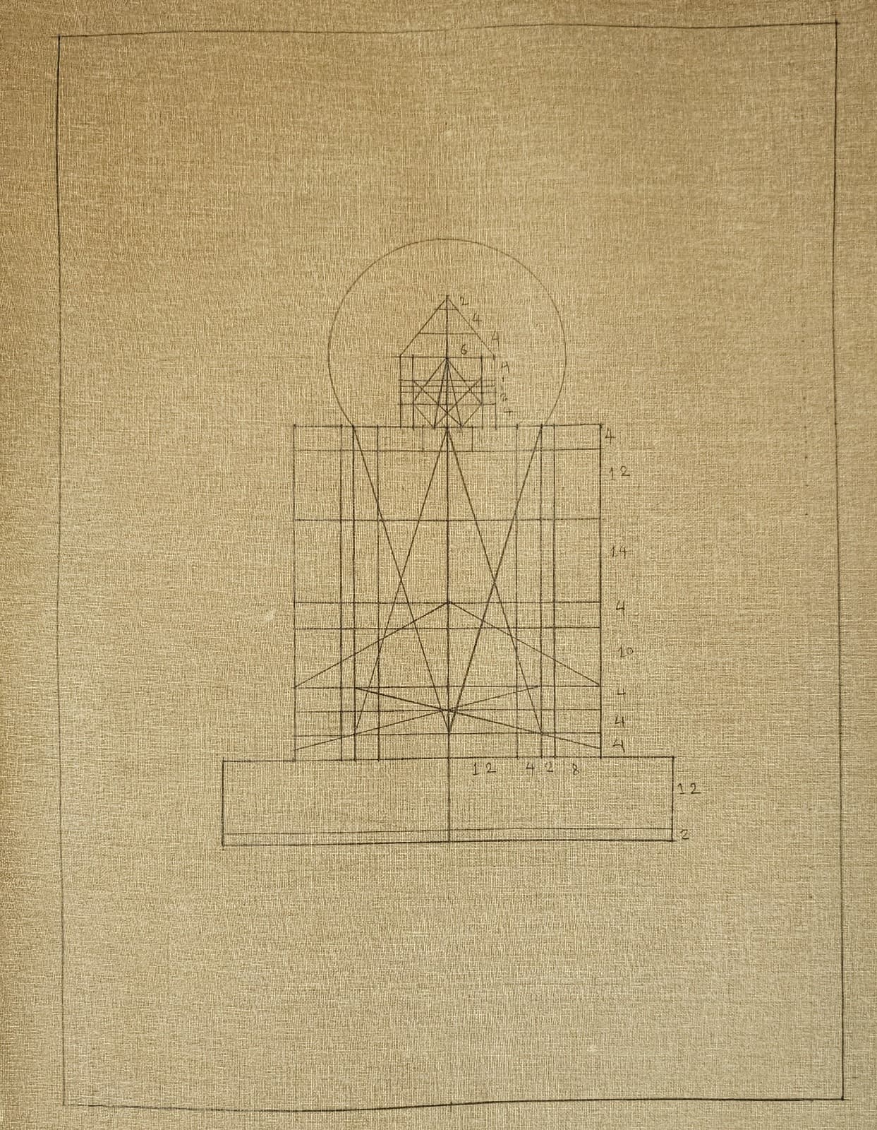 Blank cotton canvas marked only with the iconometric measuring grid for a seated Buddha
