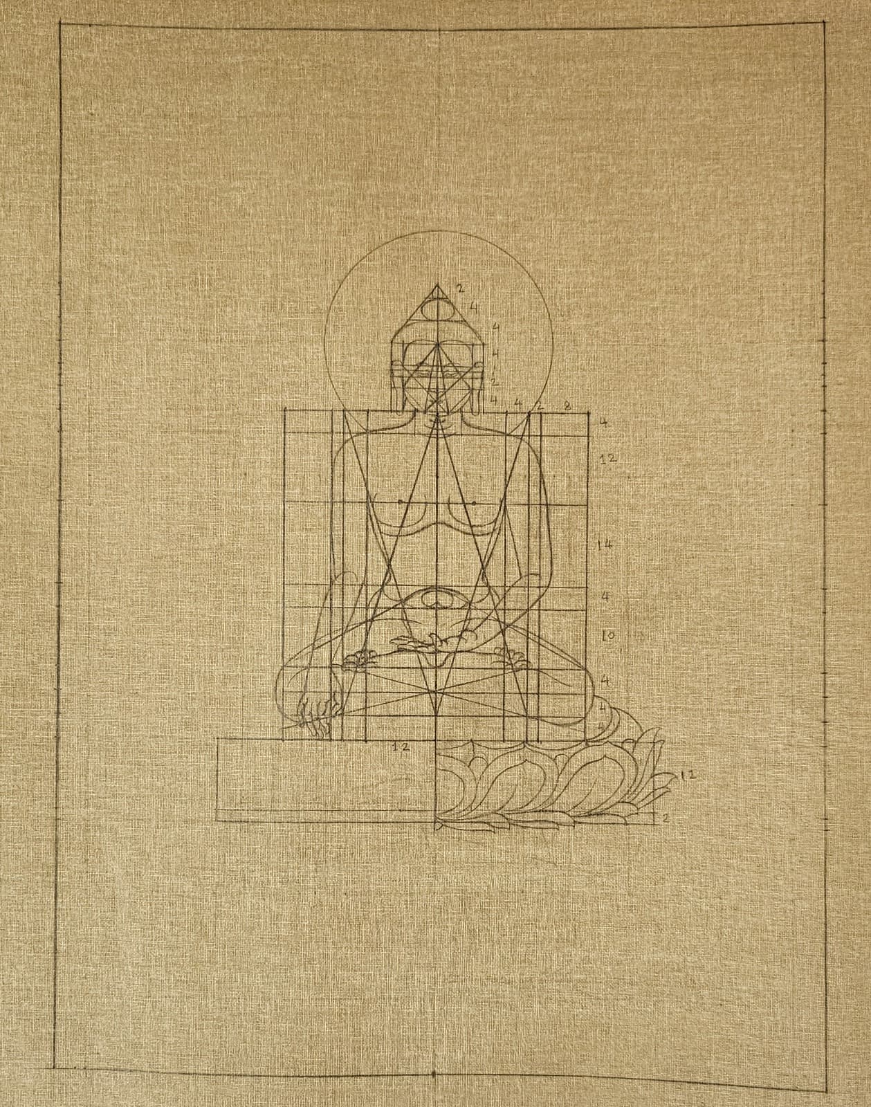 The seated Buddha figure drawn over the measuring grid, following prescribed proportions