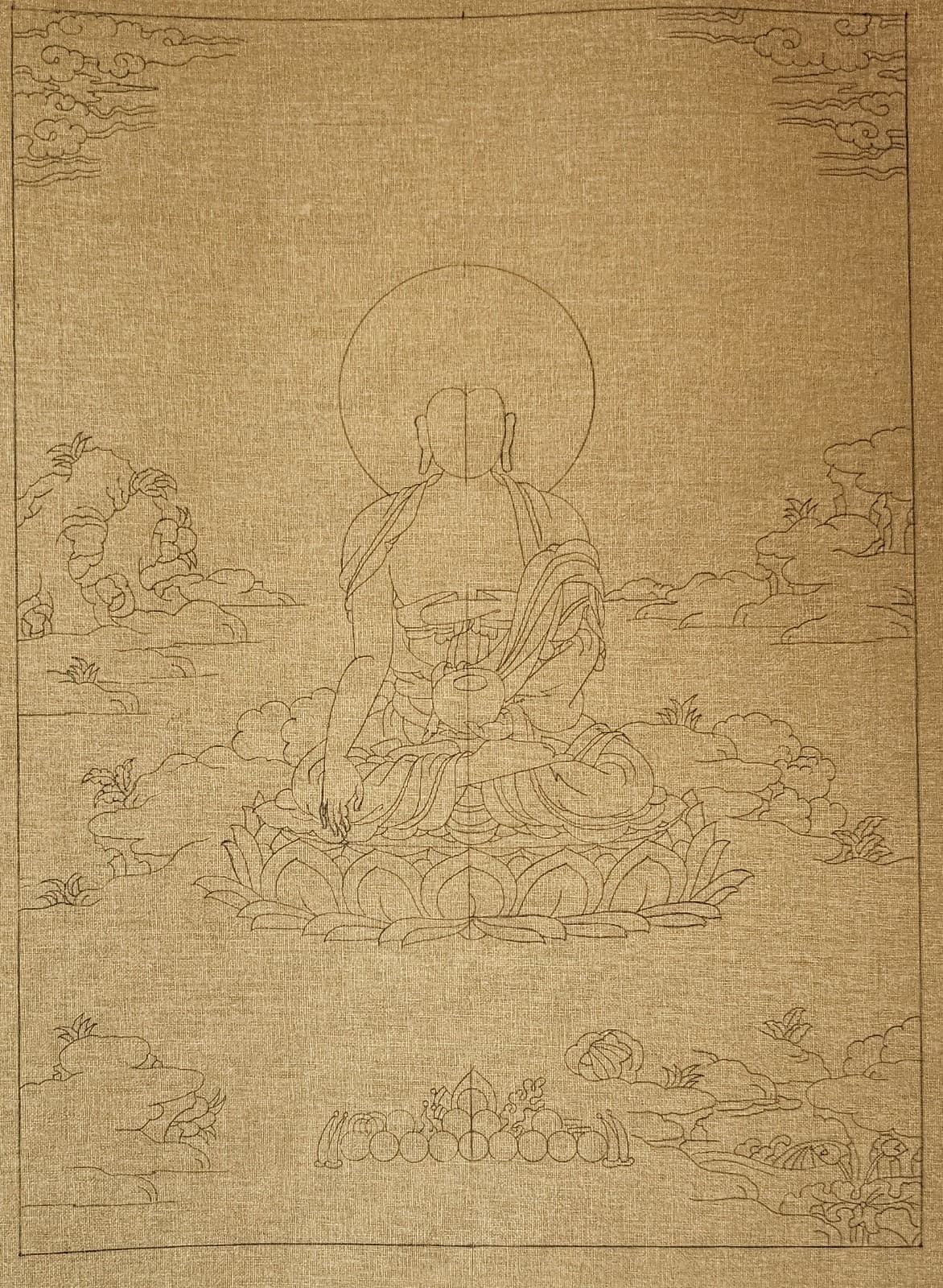 Complete line drawing of the Buddha with landscape, clouds, and lotus throne, grid removed
