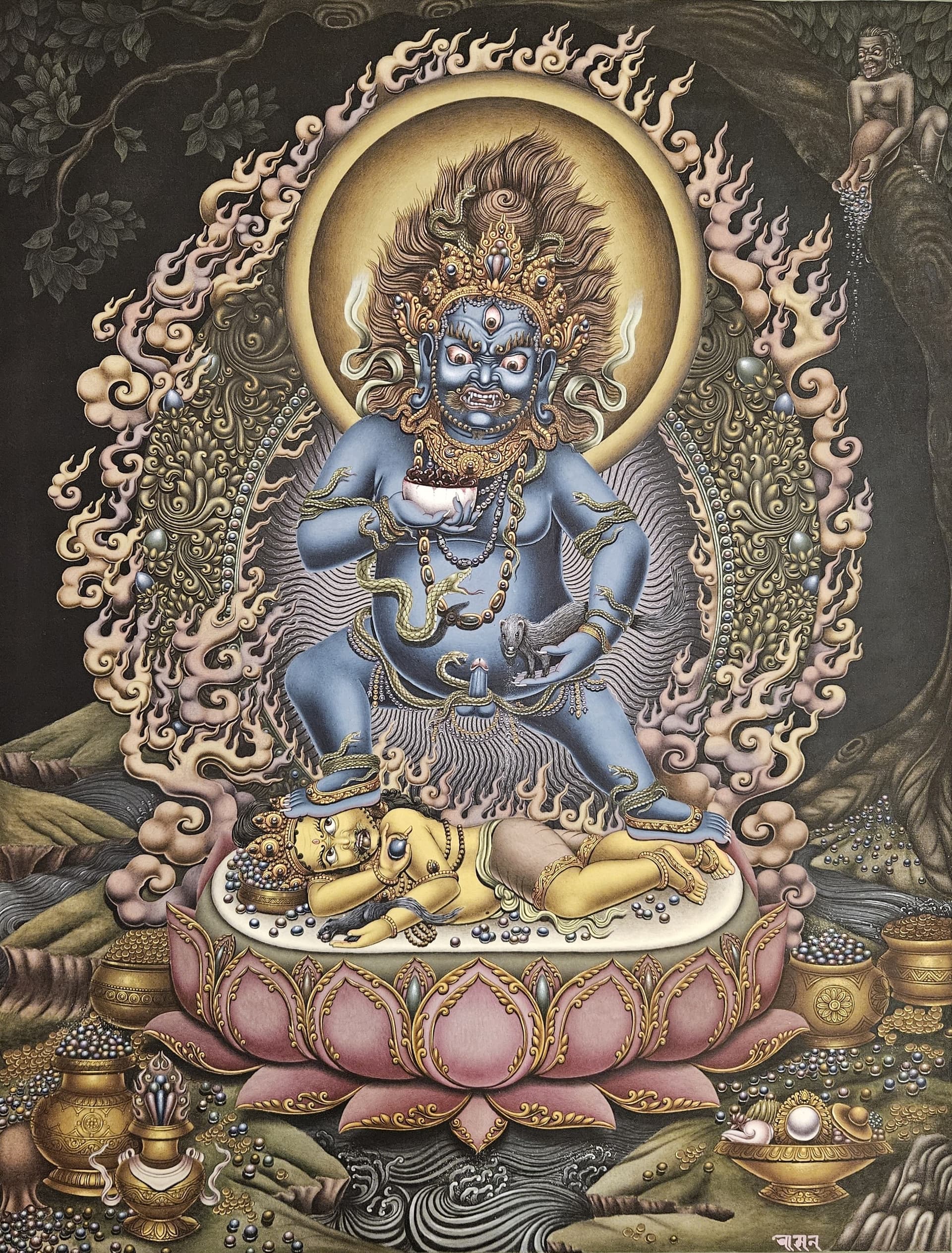 Newari Fine Art Painting: Black Jambhala God of Wealth