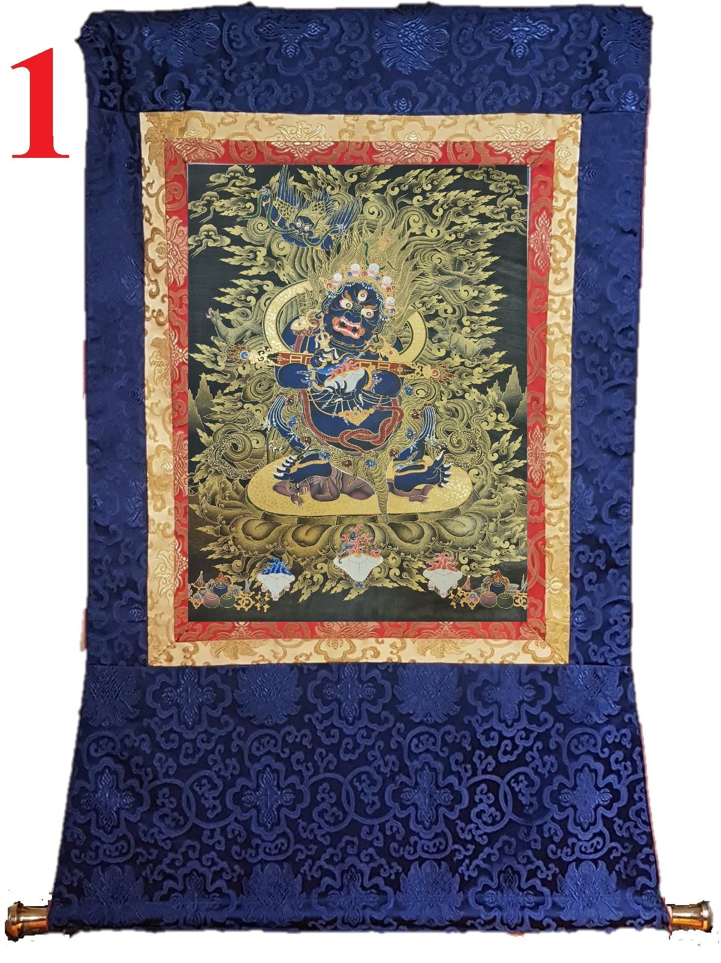 238. Panjarnata Chaturbhuja Shakya Legden Mahakala Thangka (Thanka). Free Brocade / Free Shipping.