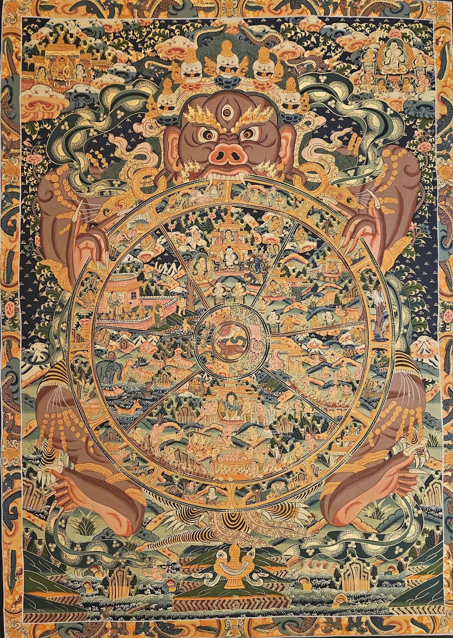 378. Large Wheel of Life (Samsara) Thangka (Thanka). Free Brocade / Free Shipping.