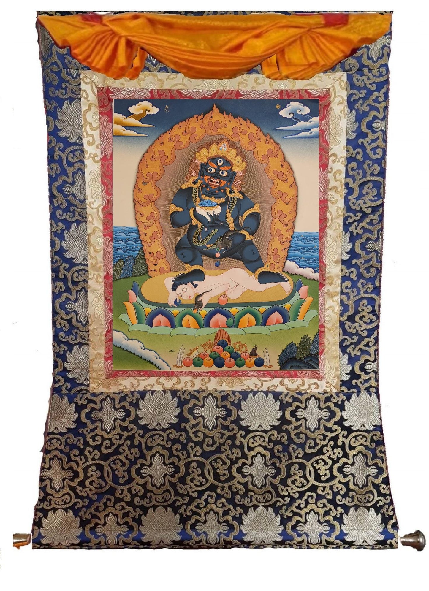 12. Black Jambhala or Dzambhala Thangka (Thanka). Free Brocade / Free Shipping.