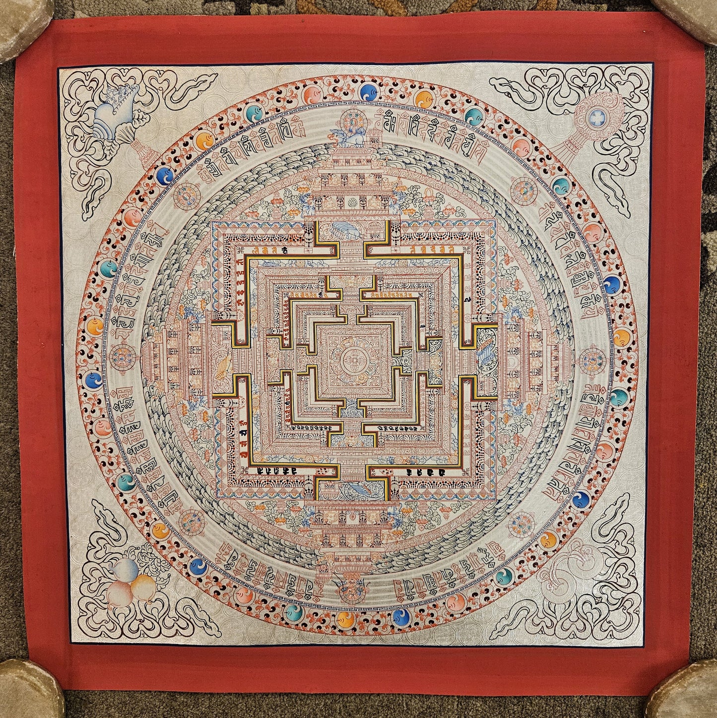 341. Silver Kalachakra Mandala Thangka (Thanka). Free Brocade / Free Shipping.