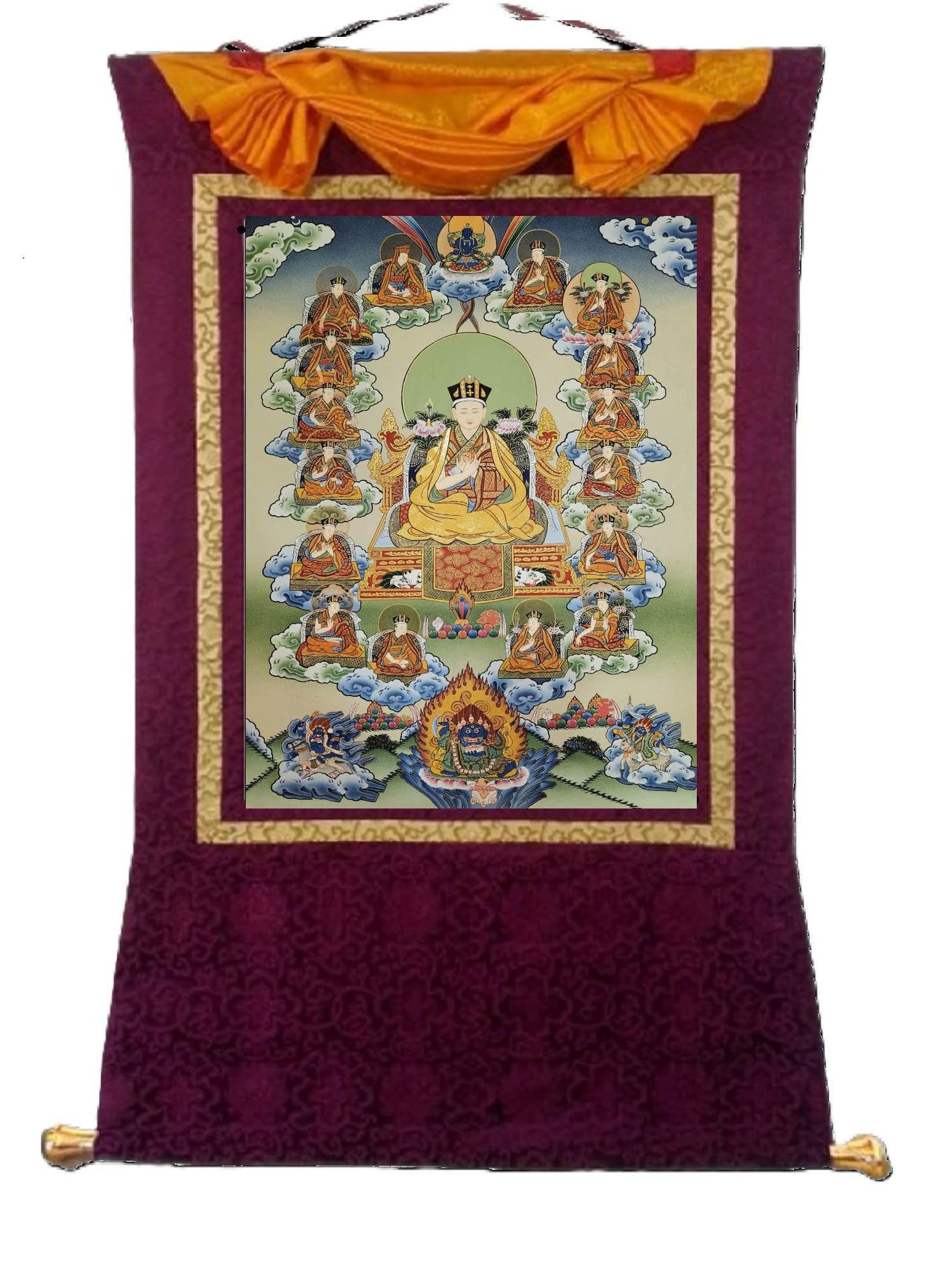 364. 16 Sixteen Gyalwa Karmapa in one Thangka Karma Kagyu. Free Brocade / Free Shipping.
