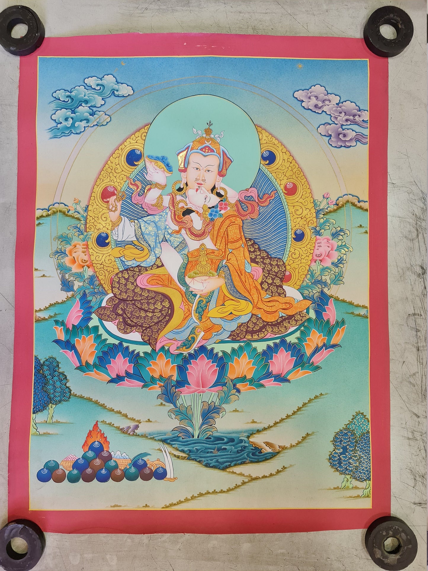 175. Guru Rinpoche Consort with Yeshe Tsogyal Thanka (Thangka). Free Brocade / Free Shipping.