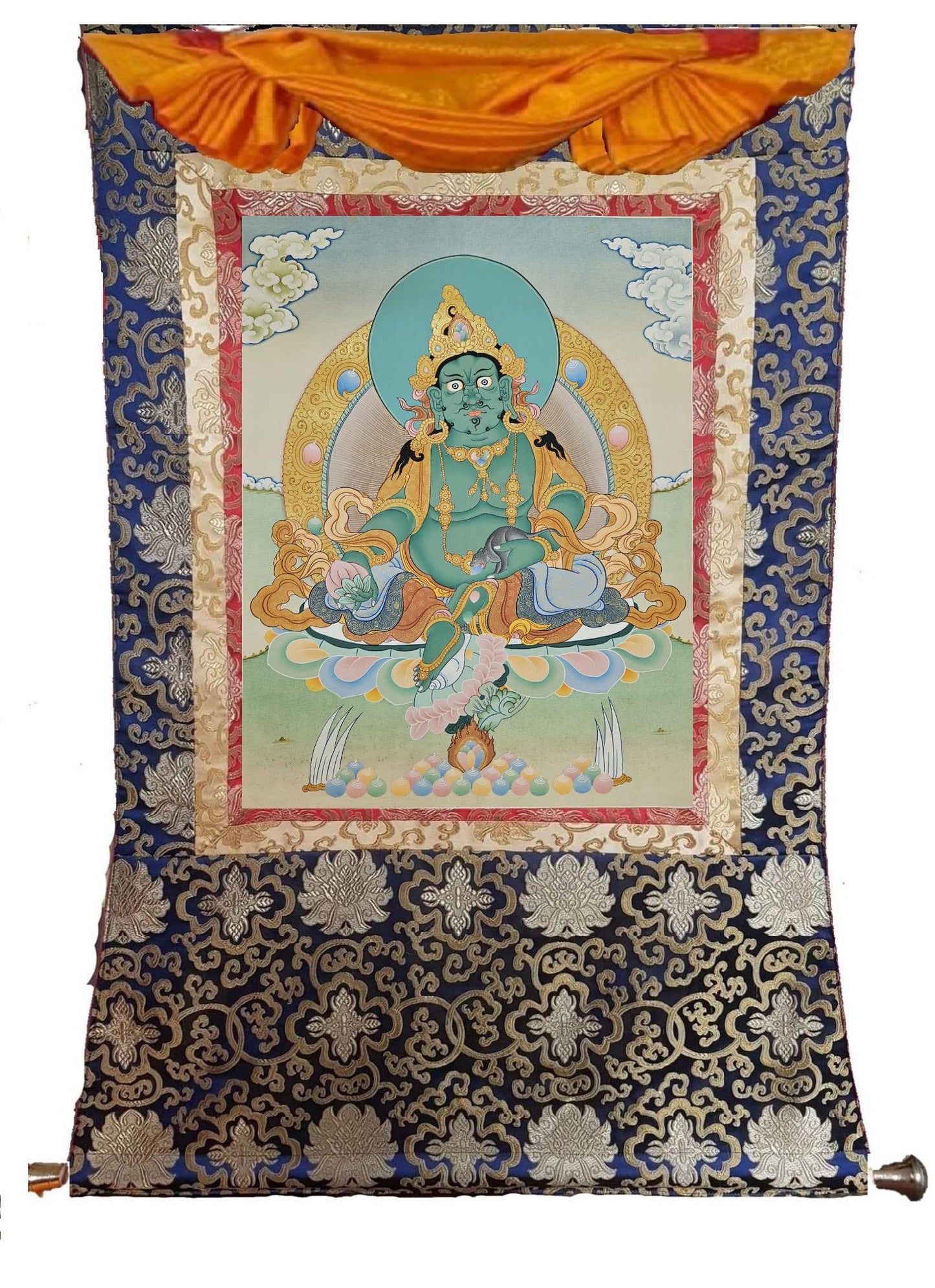 396. Green Jambhala or Zambhala Thangka (Thanka). Free Brocade / Free Shipping.
