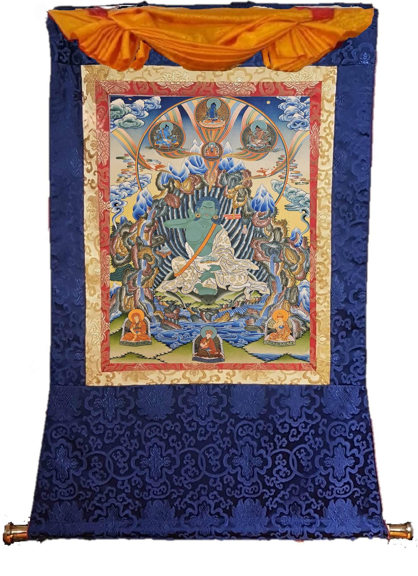 338. Milarepa with Kagyu Masters Thangka (Thanka). Free Brocade / Free Shipping.