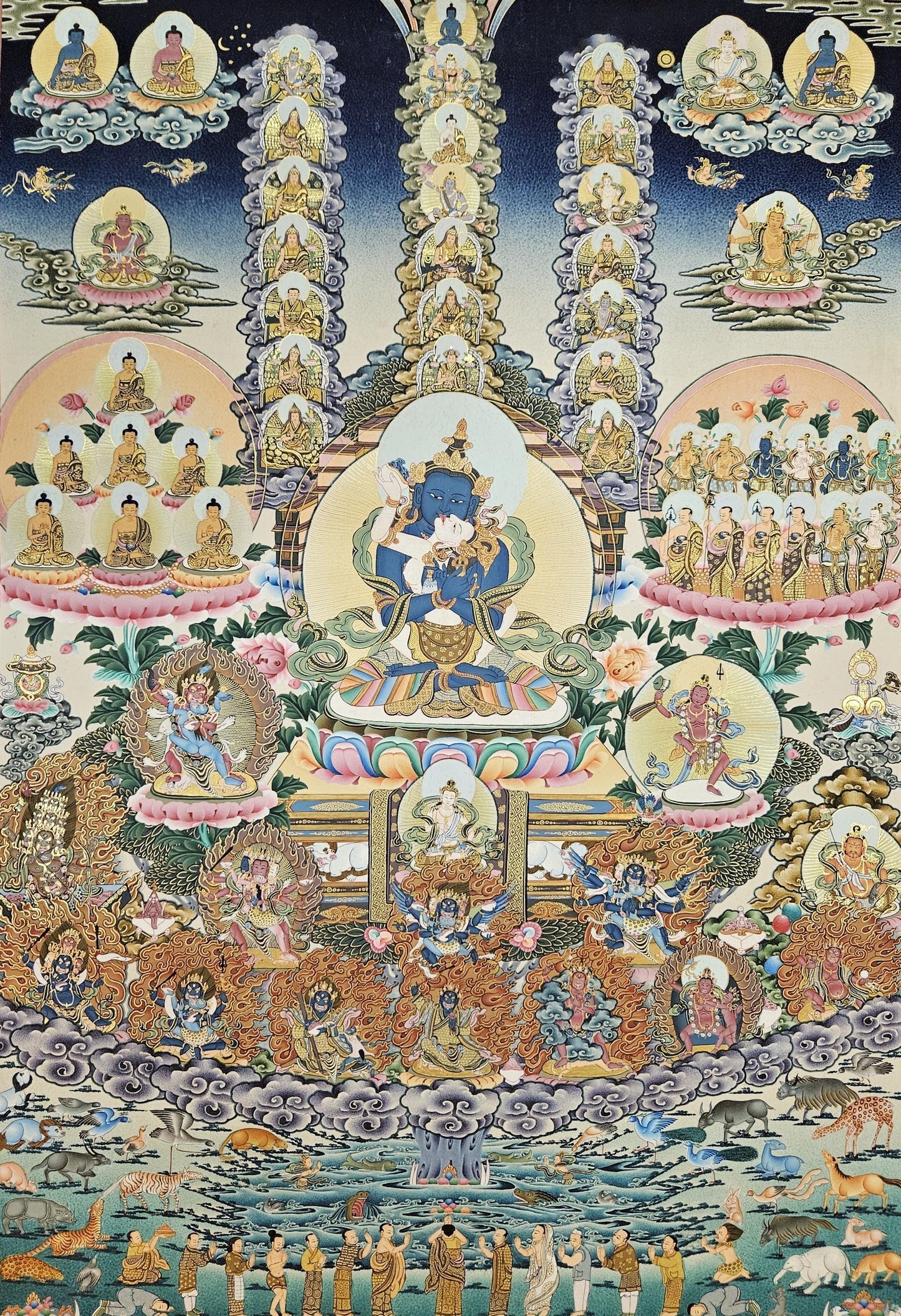 391. Nyingma Lineage Tree with Guru Orgyen Dorje Chang in the Center Thangka (Thanka) Painting with 24 K Gold. Free Brocade / Free Shipping.
