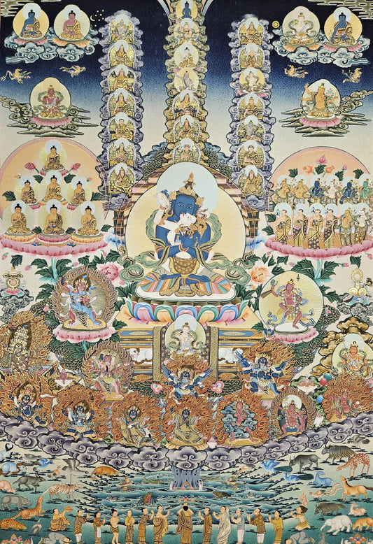 391. Nyingma Lineage Tree with Guru Orgyen Dorje Chang in the Center Thangka (Thanka) Painting with 24 K Gold. Free Brocade / Free Shipping.