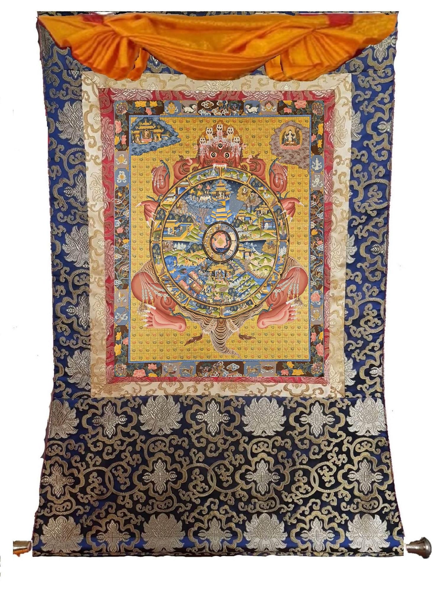 384. 20 Year Old Wheel of Life (Samsara) Thangka (Thanka). Free Brocade / Free Shipping.