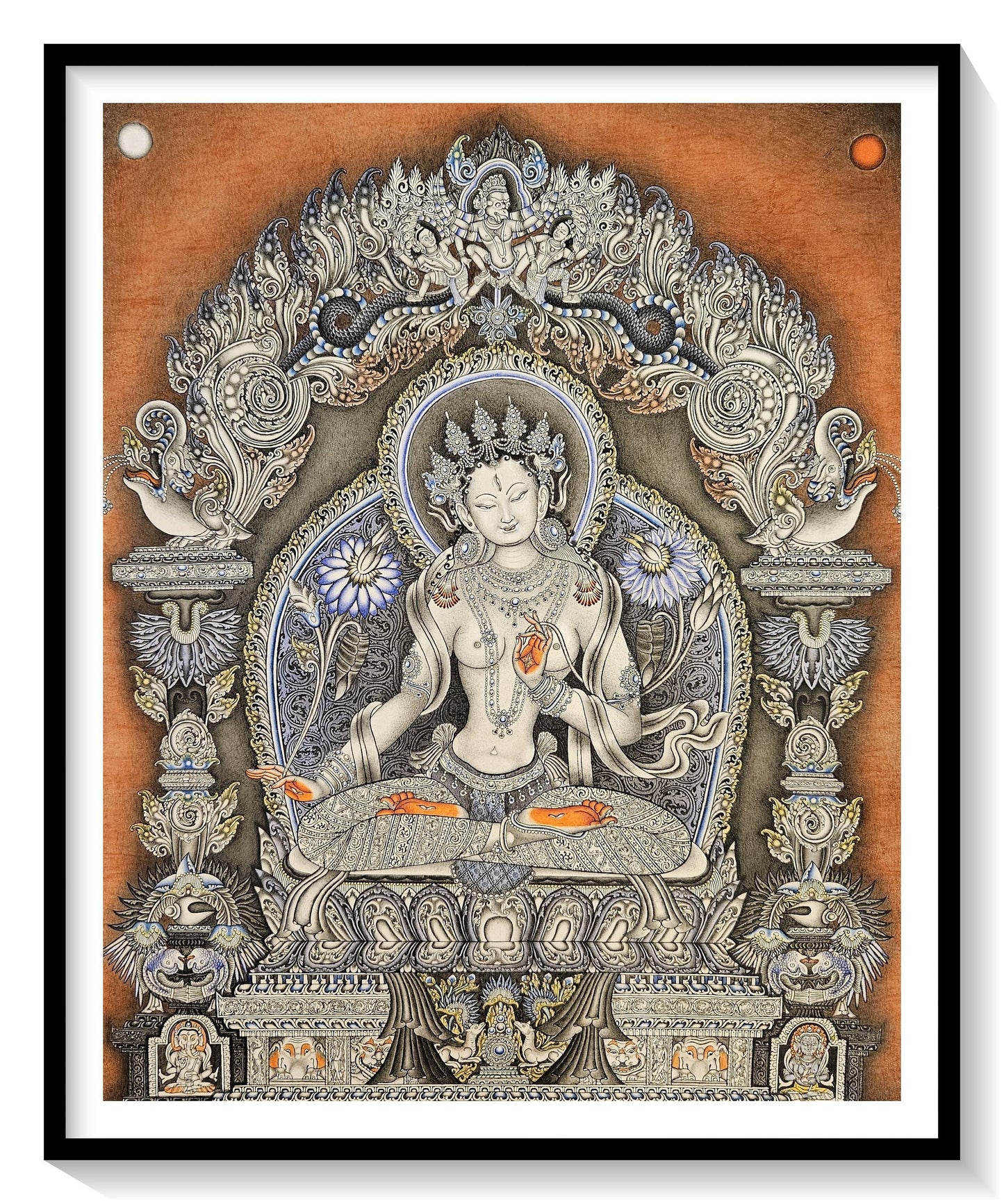 308. White Tara Newari Style Art Painting Paubha. Signed by the Artist. Free Shipping.