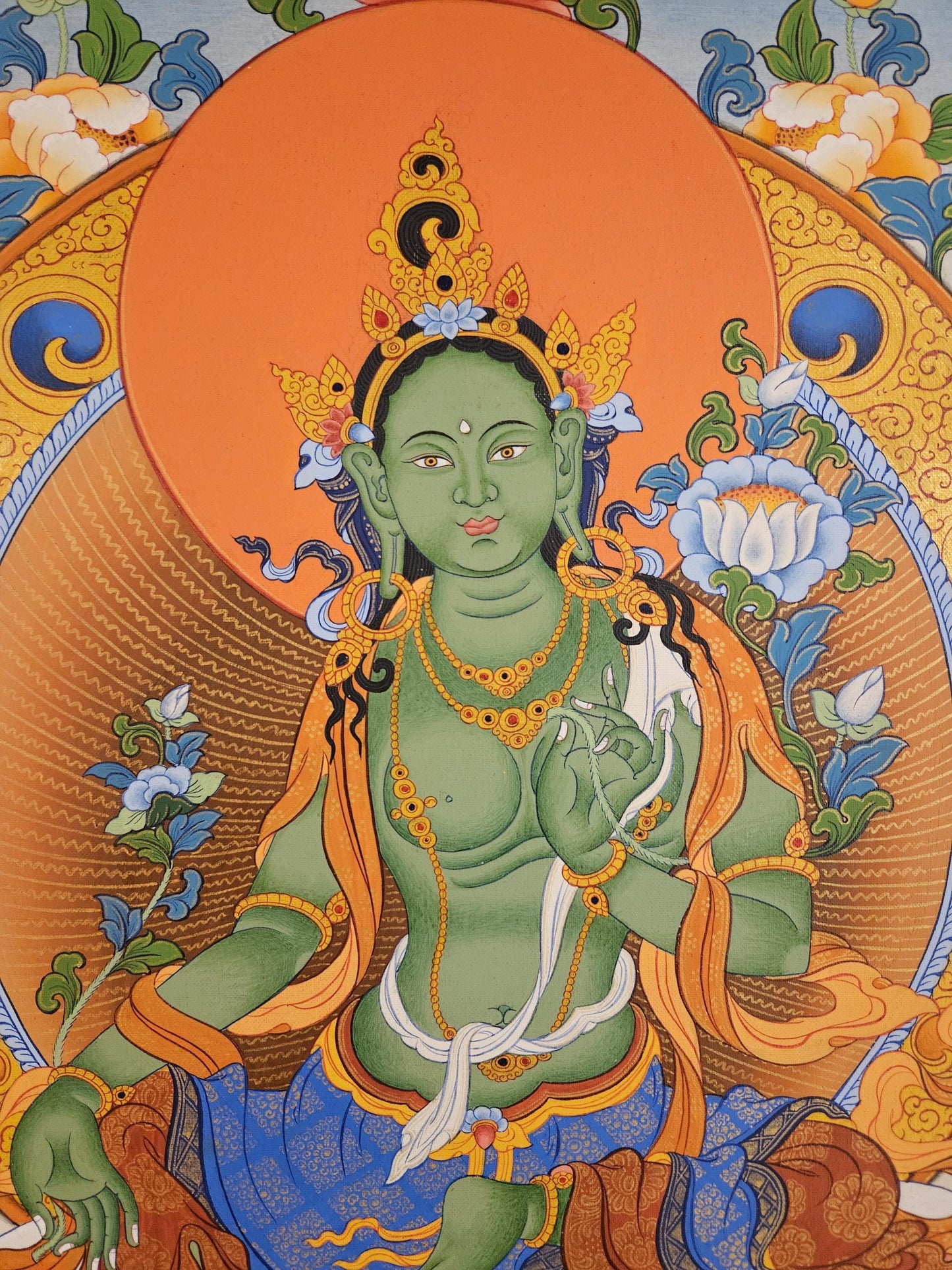 361. Green Tara with Vajrasattva and Vajrapani (Ayang Rinpoche) Thangka (Thanka). Free Brocade / Free Shipping.