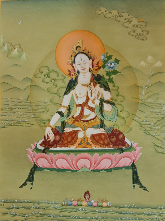 228. Karma Gadri White Tara Thangka (Thanka). Free Brocade / Free Shipping.