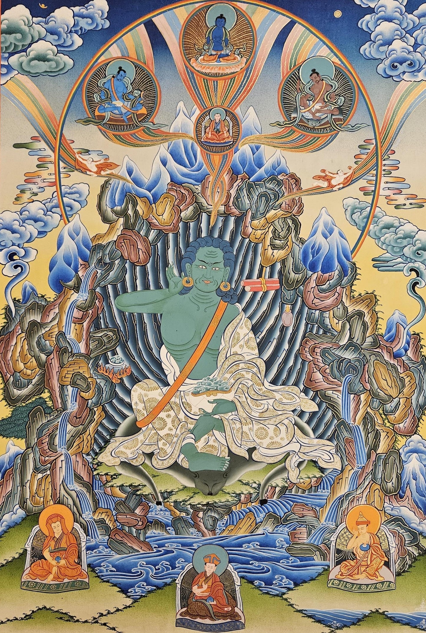 338. Milarepa with Kagyu Masters Thangka (Thanka). Free Brocade / Free Shipping.