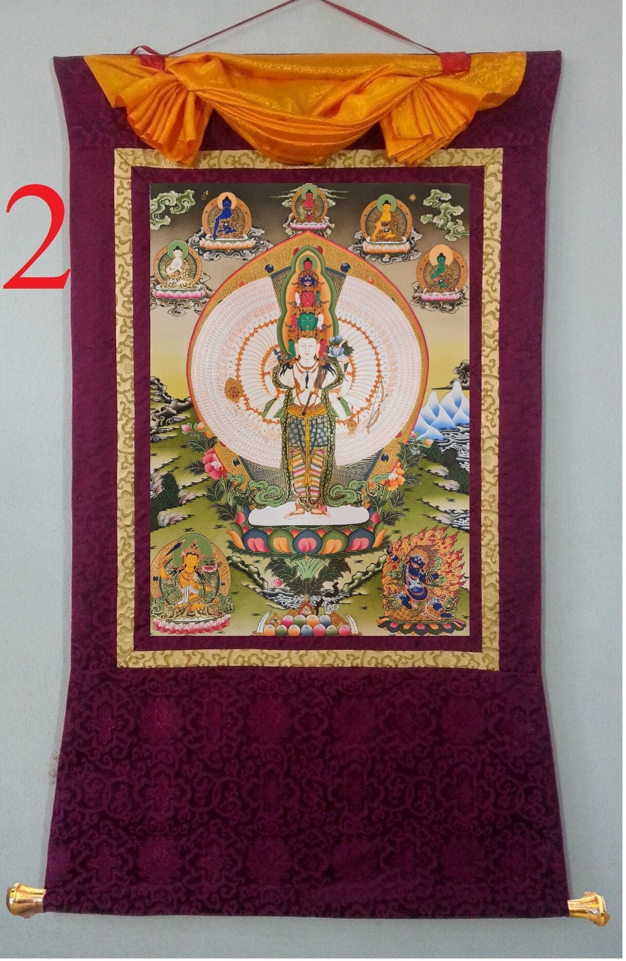 185. 1000 (Thousand) Arm Chenrezig Avalokiteshvara Thangka (Thanka). Free Brocade / Free Shipping.