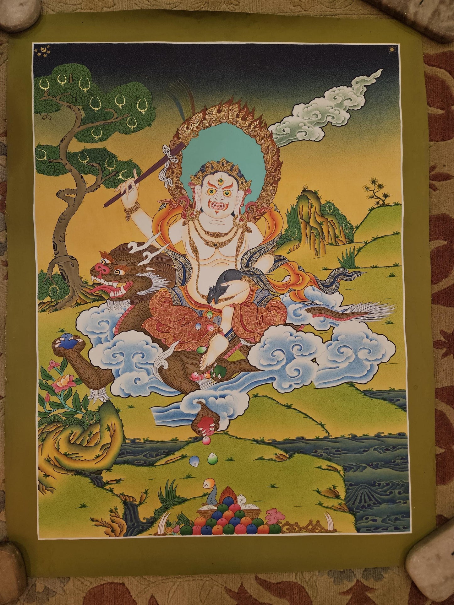 390. White Jambhala or Zambhala Thangka (Thanka). Free Brocade / Free Shipping.