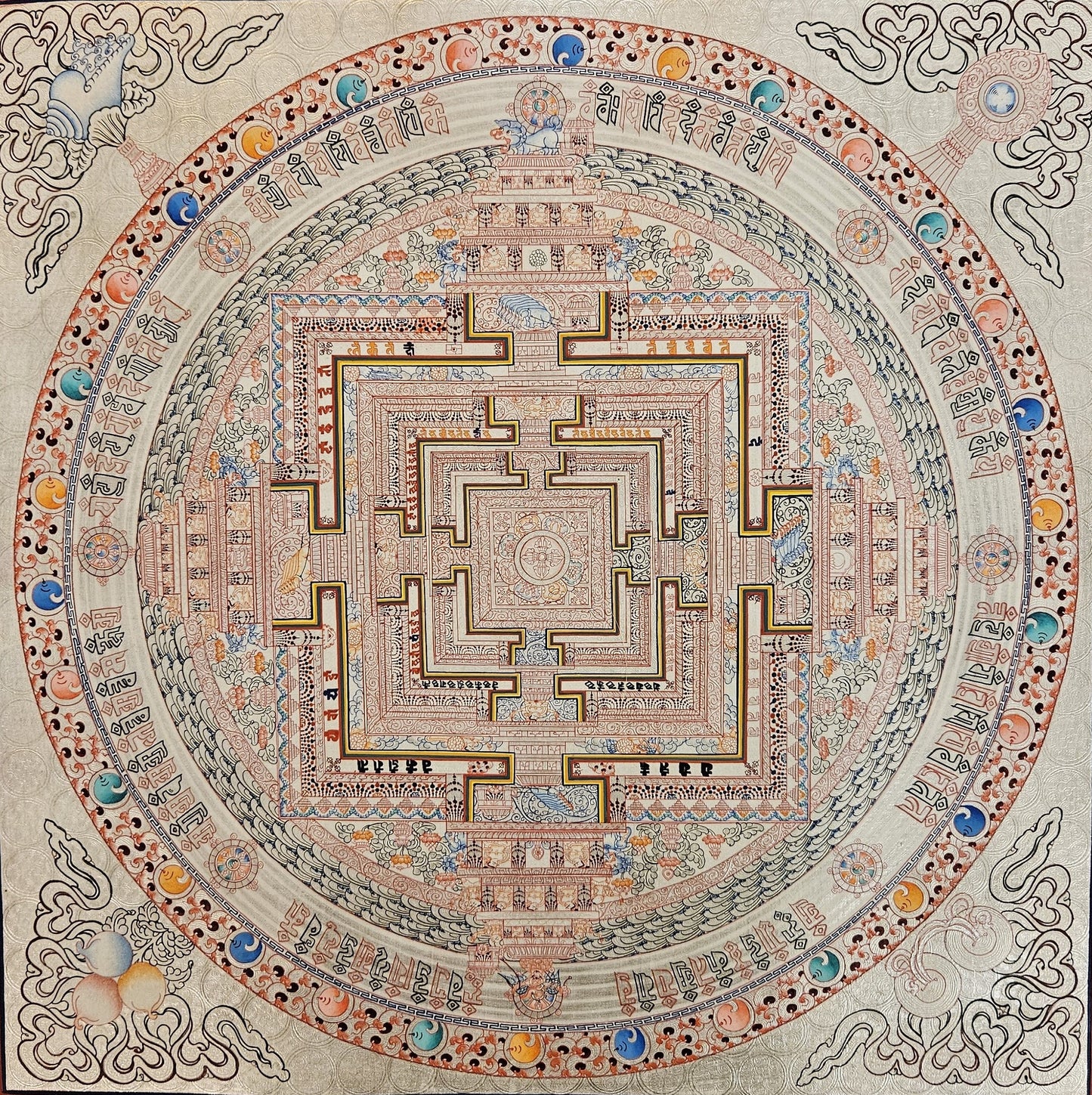 341. Silver Kalachakra Mandala Thangka (Thanka). Free Brocade / Free Shipping.