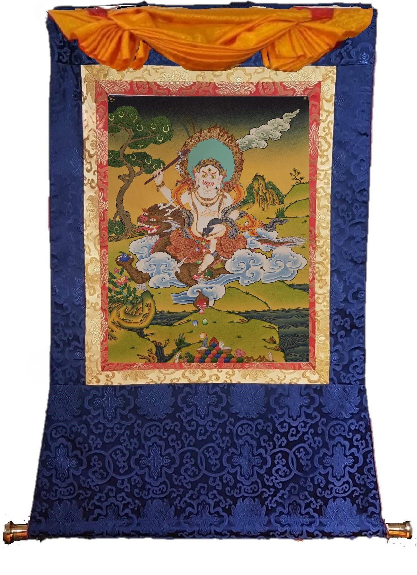 390. White Jambhala or Zambhala Thangka (Thanka). Free Brocade / Free Shipping.