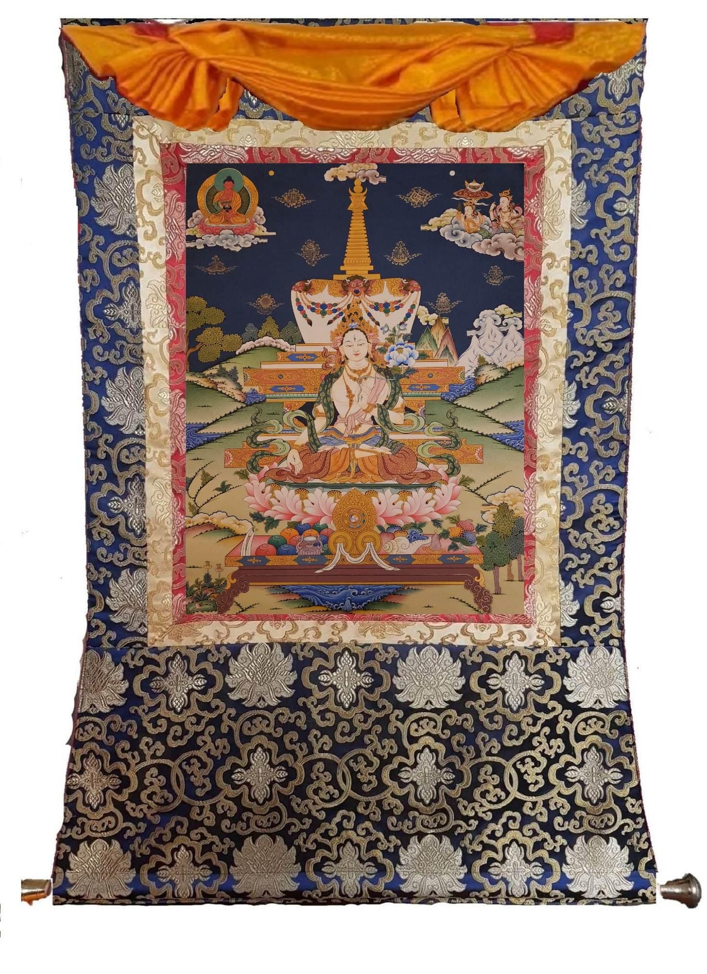 377. White Tara Stupa Thangka (Thanka). Free Brocade / Free Shipping.