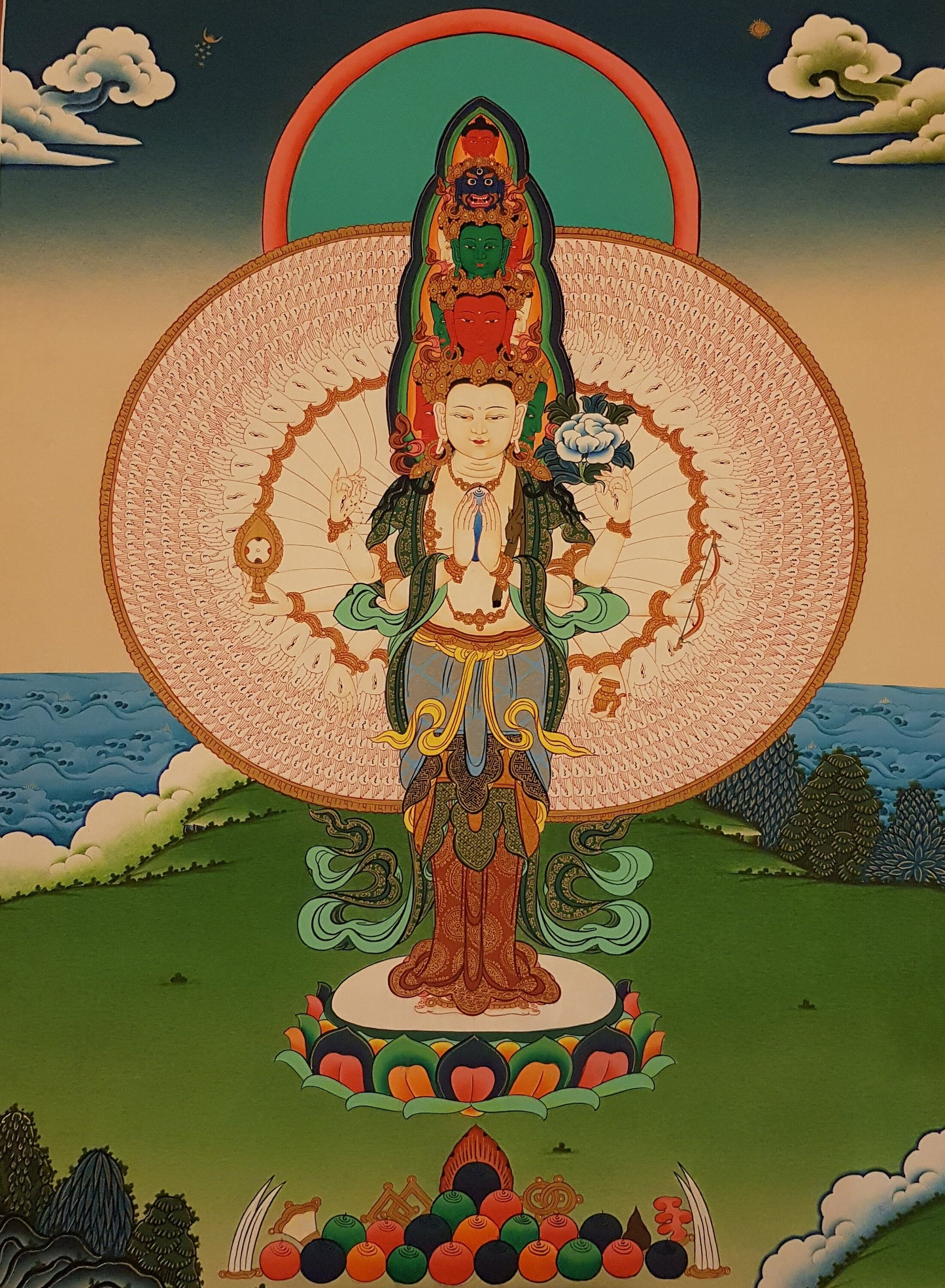 34. 1000 (Thousand) Arm Chenrezig Avalokiteshvara Thangka (Thanka). Free Brocade / Free Shipping.