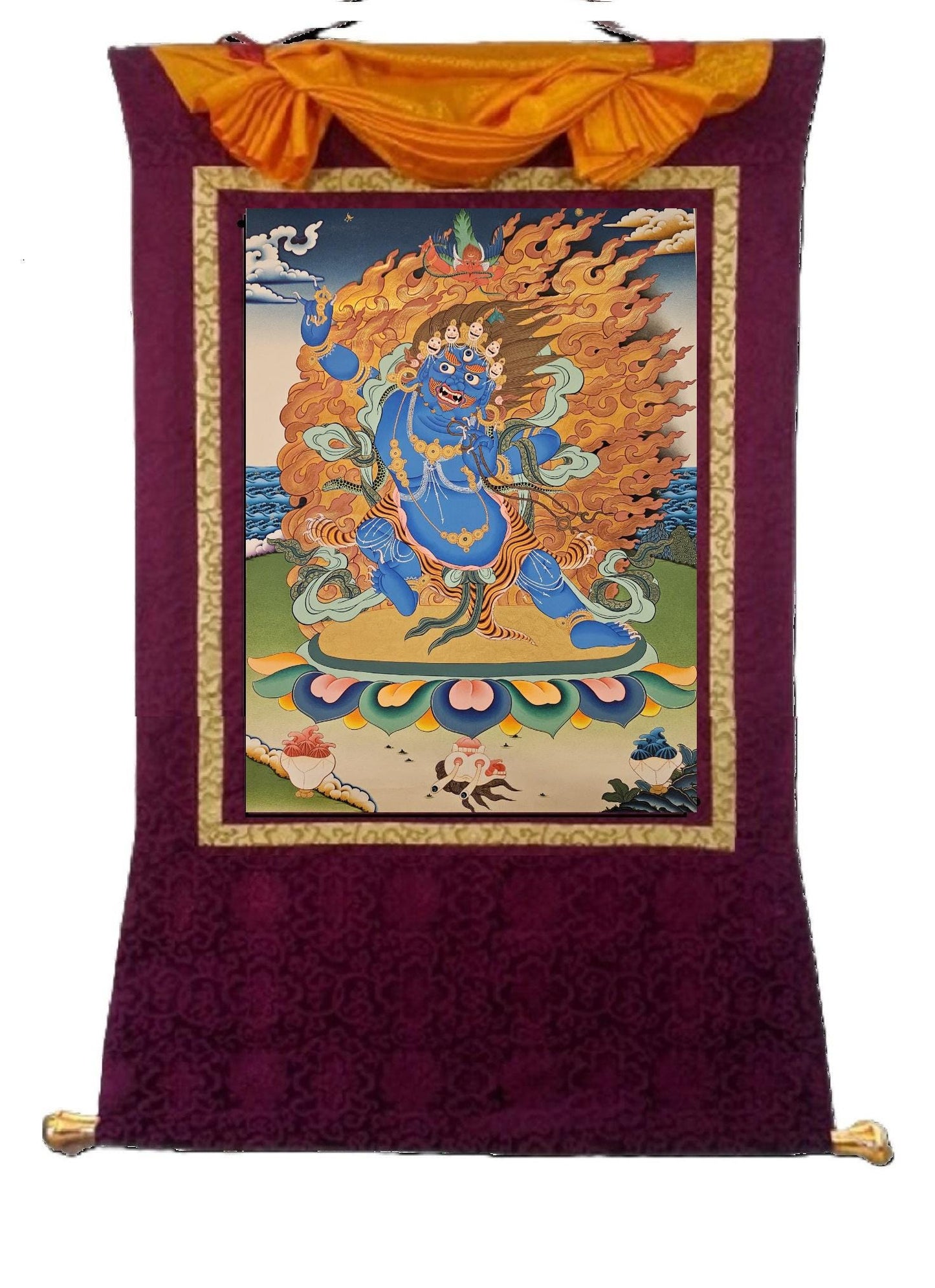 298. Threefold Wrathful One Vajrapani Hayagriva Garuda Thangka (Thanka).  Free Brocade / Free Shipping.