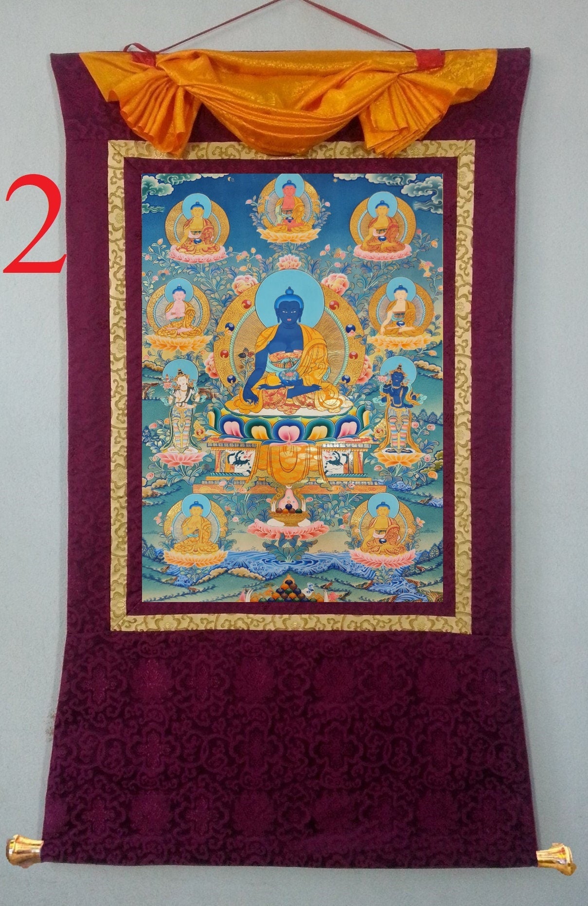 254. 8 Eight Medicine Buddha Thanka (Thangka). Free Brocade / Free Shipping.