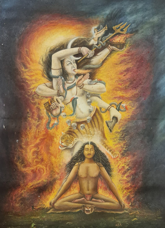Shiva and Bhagirath Oil Painting in Canvas. Signed by the Artist.
