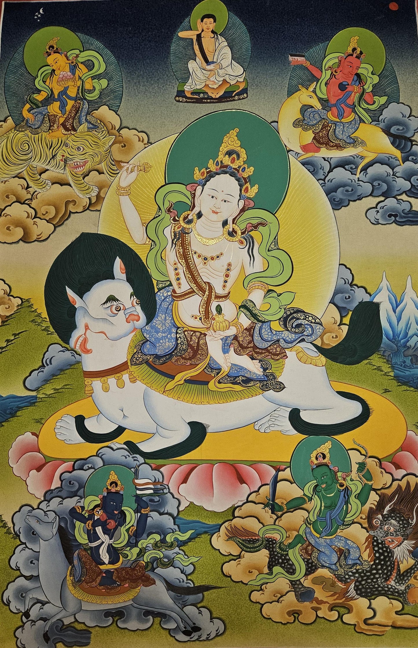 362. Five Tseringma Sisters of Long Life Thangka (Thanka).  Free Brocade / Free Shipping.