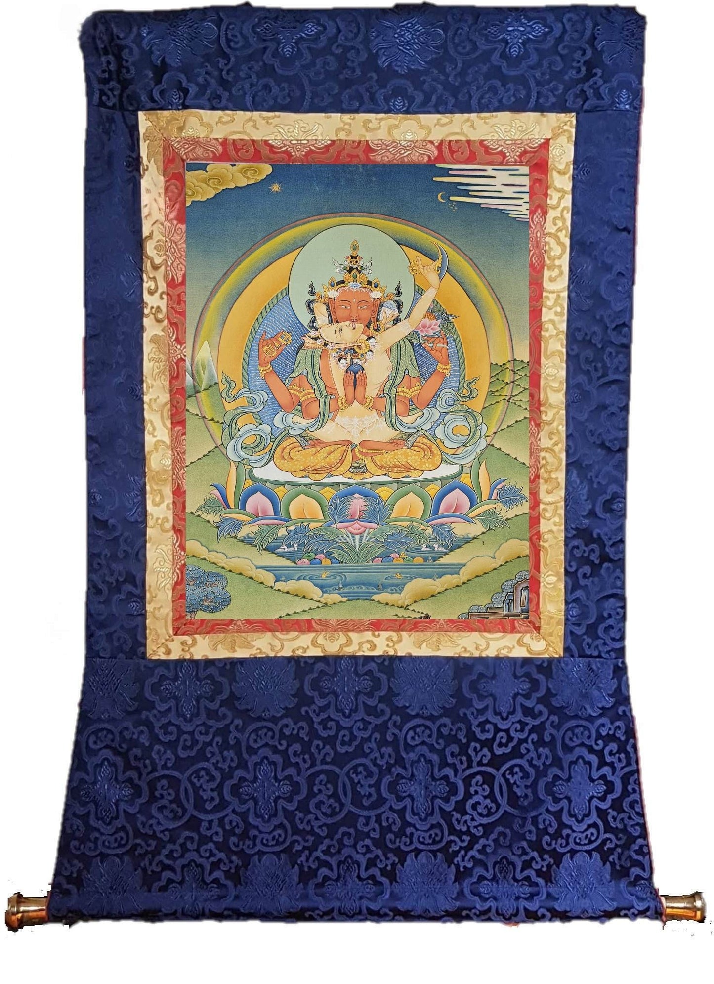 327. Gyalwa Gyatso (Red Chenrezig - Consort) Thangka (Thanka).  Free Brocade / Free Shipping.