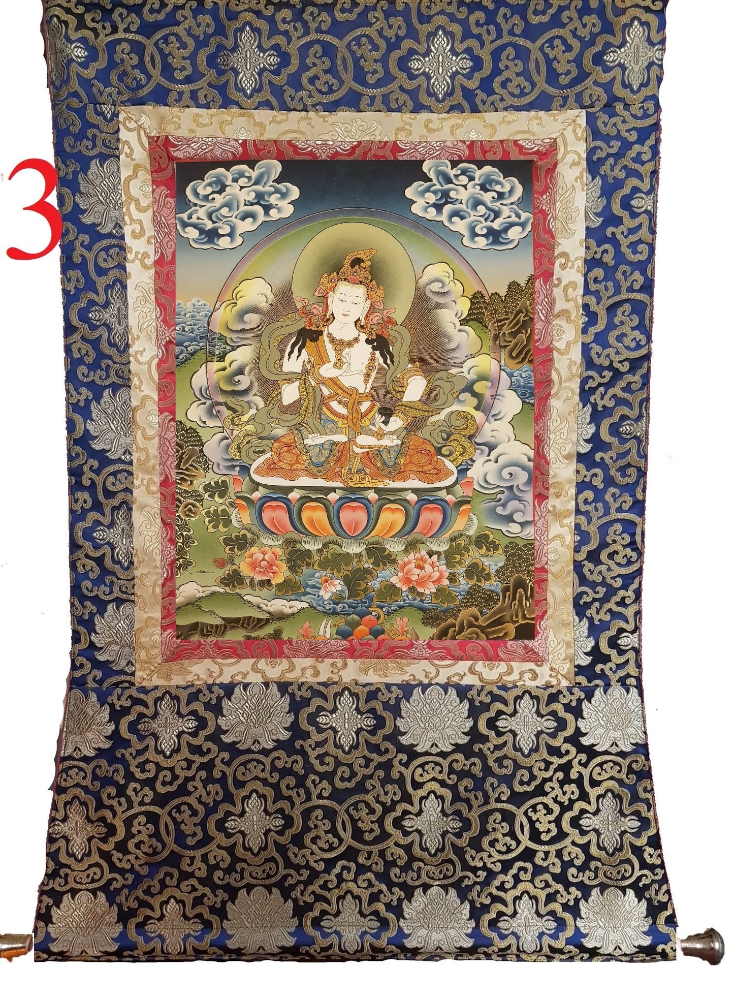 132. Vajrasattva Tibetan Thangka (Thanka) Painting. Free Brocade / Free Shipping.